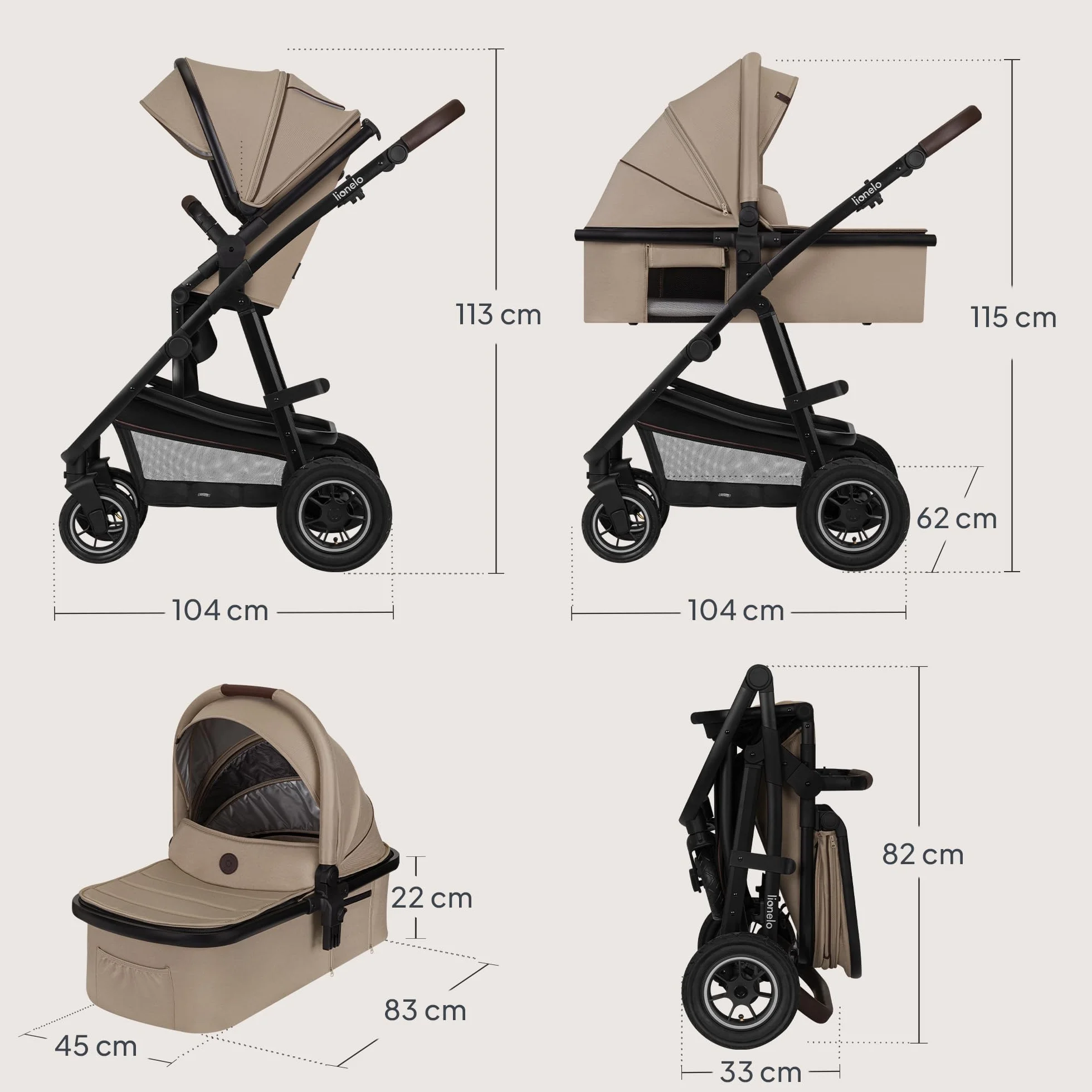 LIONELO Amber Wózek dziecięcy kombi 3 w 1, zestaw sportowych siedzisk, mocna, wanienka dla niemowląt, torba na fotel samochodowy, ochrona przed deszczem, dach XXL z ochroną przed słońcem