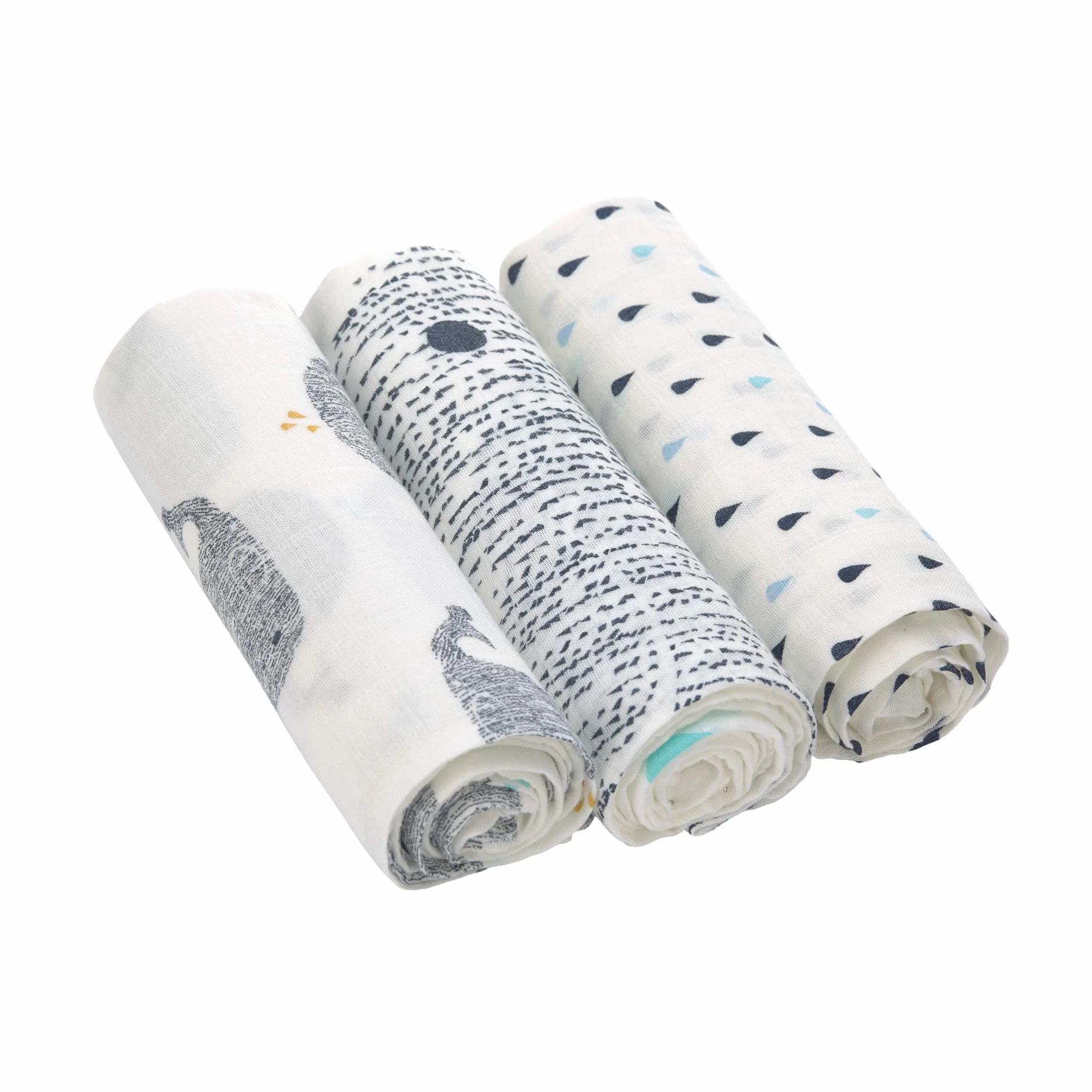 LÄSSIG Kocyk dla niemowląt, śliniak, chusta muślina, zestaw 3 sztuk, bawełna, 80 x 80 cm, Swaddle & Burp Blanket L, Little Water Whale