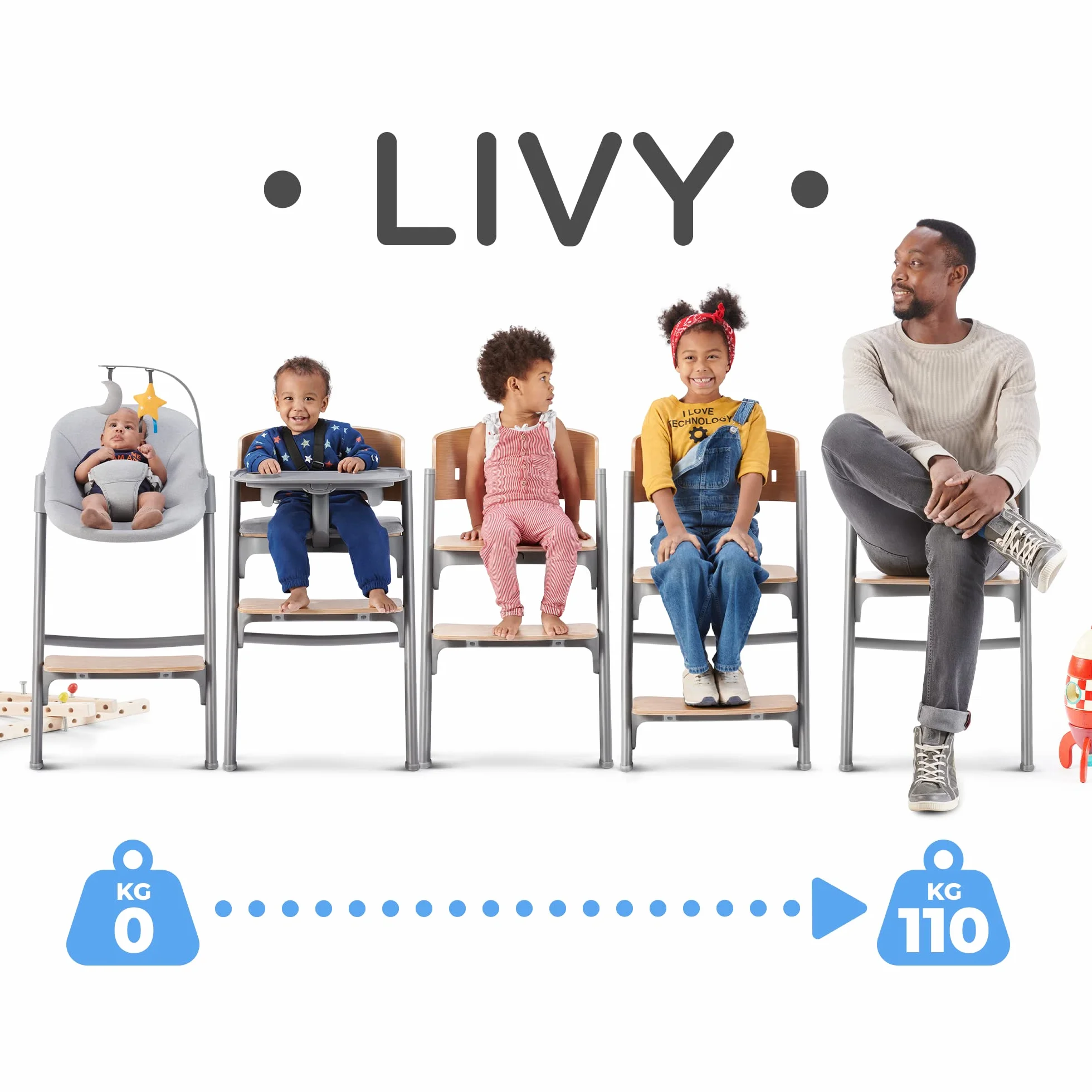 Kinderkraft Krzesełko do karmienia LIVY i Bujaczek CALMEE, Krzesło dla całej rodziny, Od urodzenia do 110 kg, Regulowane, Zdejmowana tacka, Ergonomiczne oparcie, Minimalistyczny design, Drewnopodobny