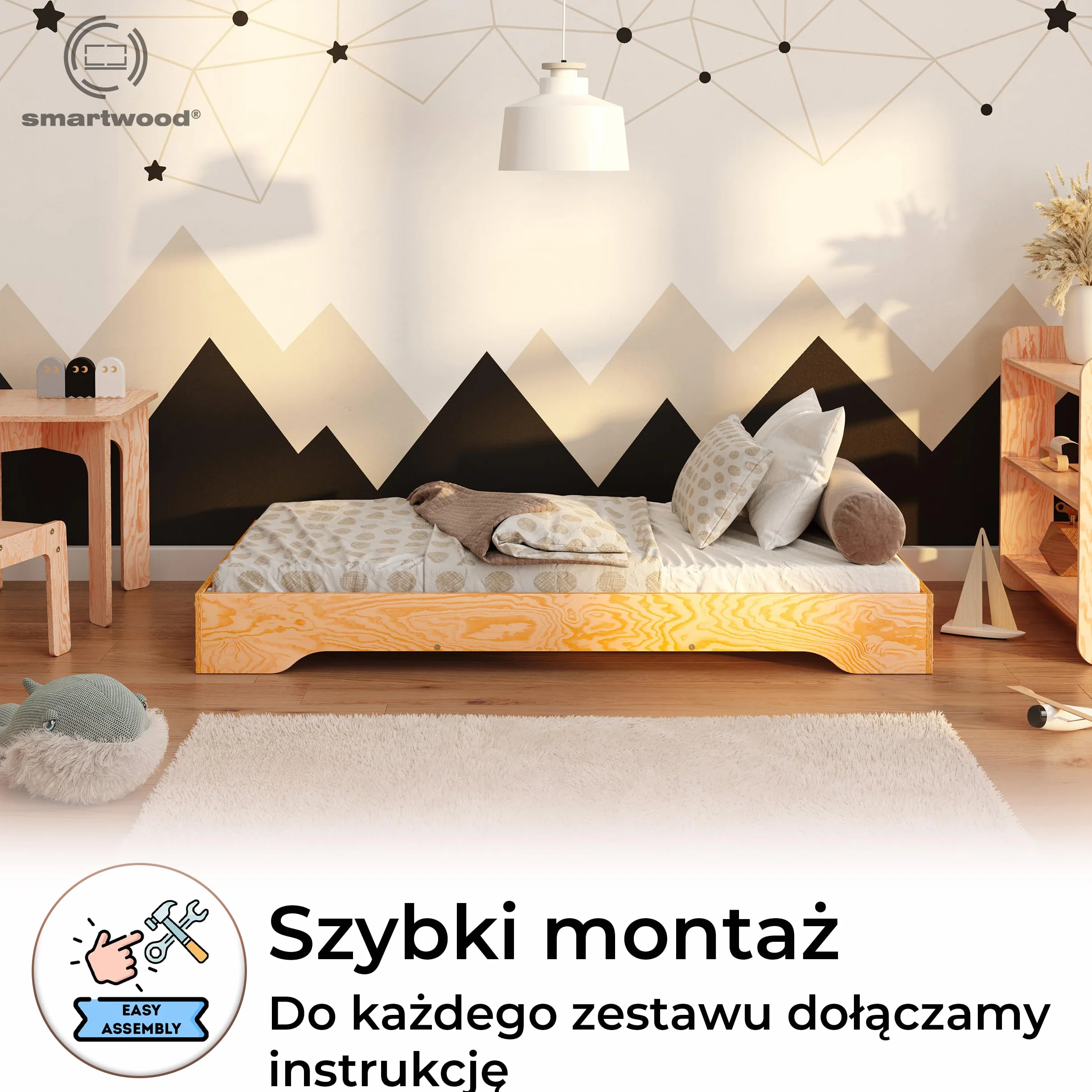 Smartwood Drewniane Łóżko Dla Dziecka 90x200 cm Podłogowe - Jednoosobowe Z Stelażem do 230 Kg - Lakierowane Łóżko Dziecięce Montessori - TILA 7