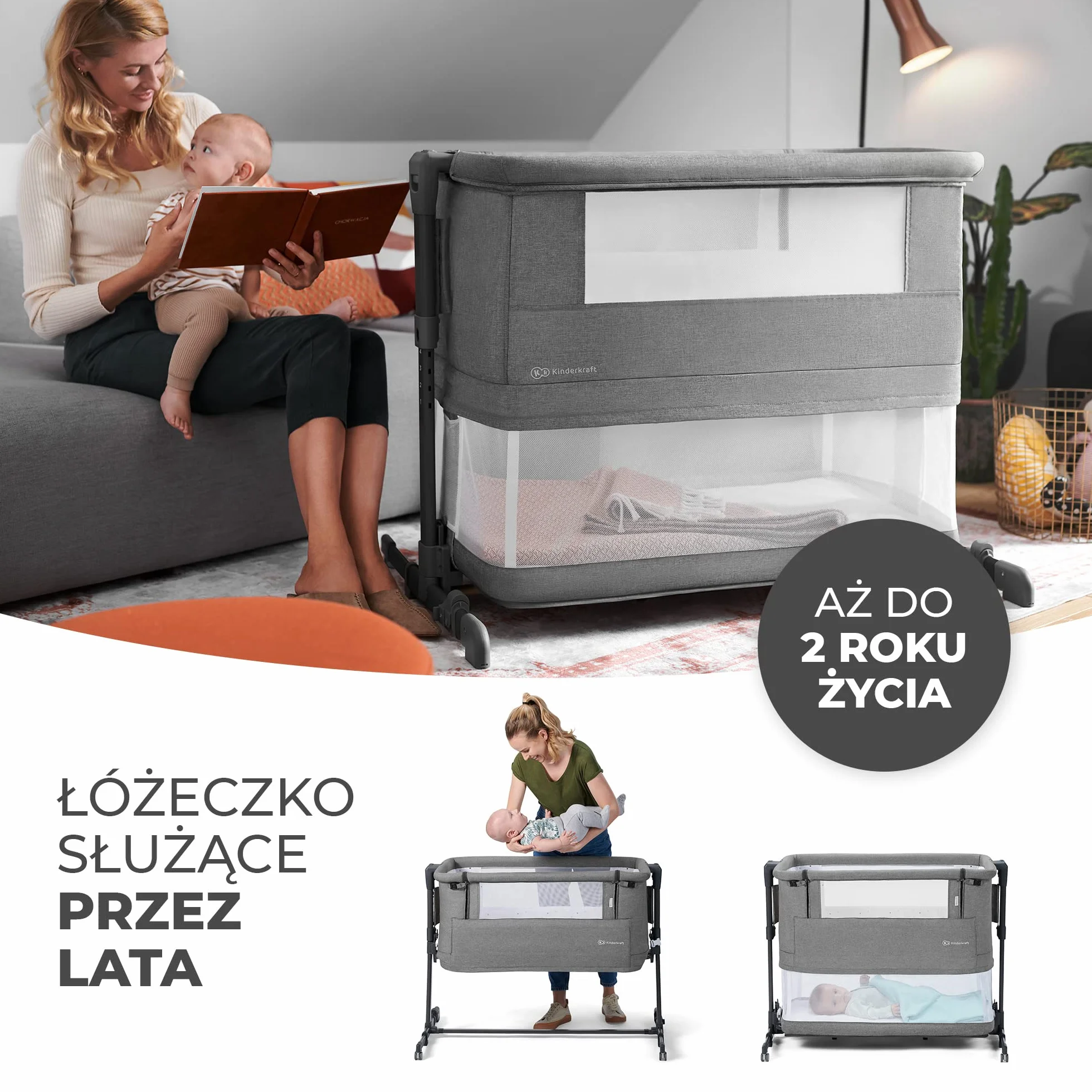 Kinderkraft NESTE GROW Łóżeczko dziecięce 3 w 1, dostawne, regulowana wysokość, jasnoszary