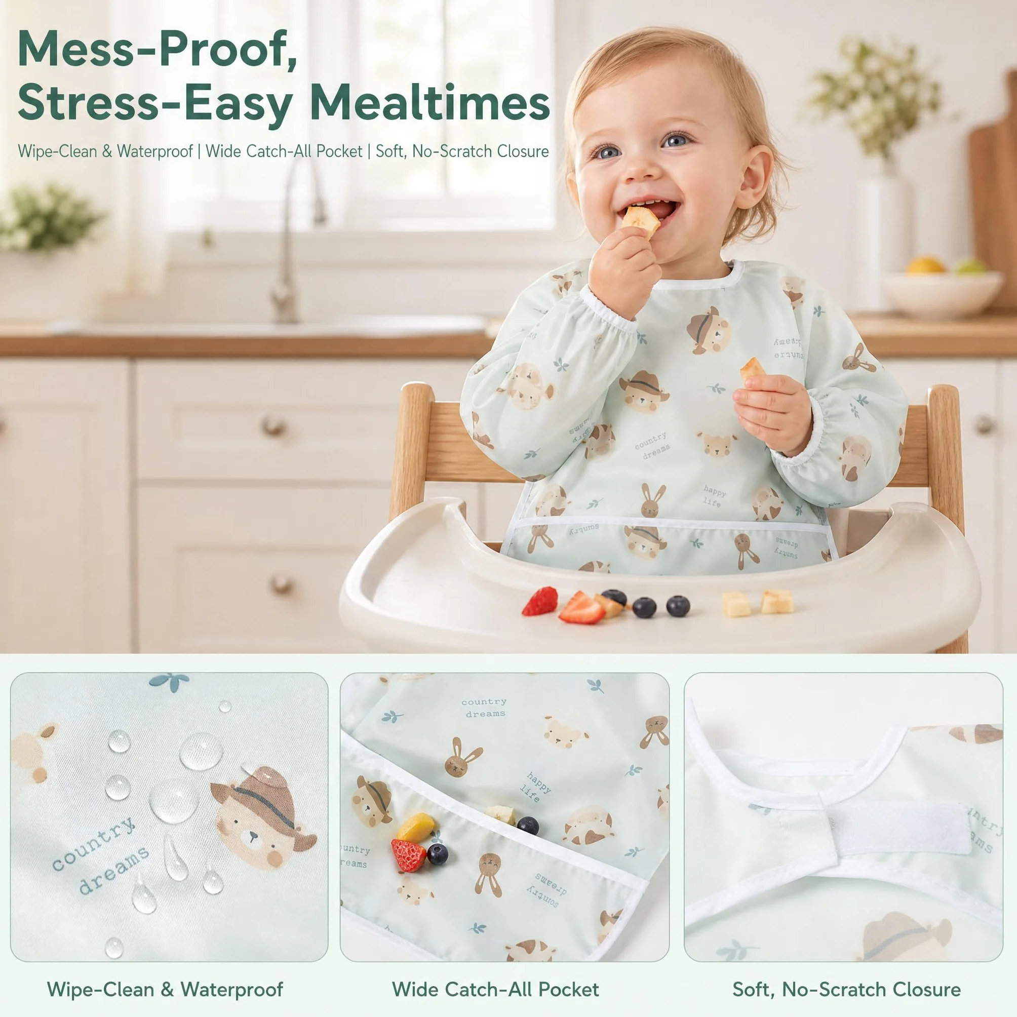 Little Dimsum Śliniaki do odstawienia od piersi, zestaw z rękawami, wodoodporny fartuch na szelkach dla małych dzieci, ochrona żywności, duże kombinezony kieszonkowe, 6-36 miesięcy