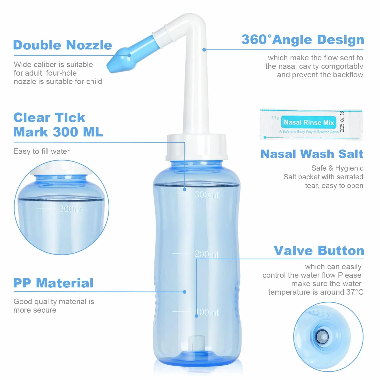URAQT Neti Pot, zestaw do płukania nosa Płyn do płukania nosa, butelka do płukania zatok 300 ml z 40 saszetkami soli do płukania nosa, płukanka ciśnieniowa do irygacji nosa dla dorosłych i dzieci Bez BPA