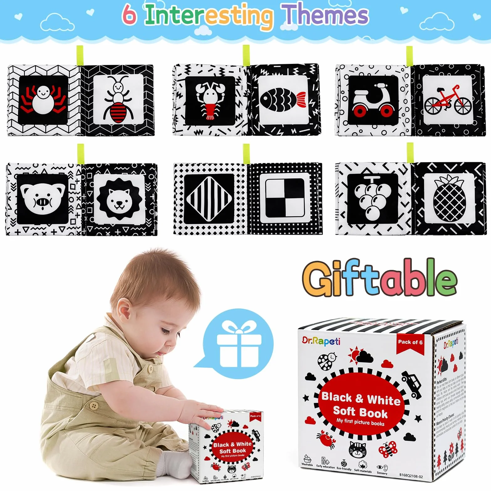 Dr.Rapeti 6 Pack Soft Baby Cloth Book Sensory Bath Crinkle Black White High Contrast Washable Nontoxic Educational Toy