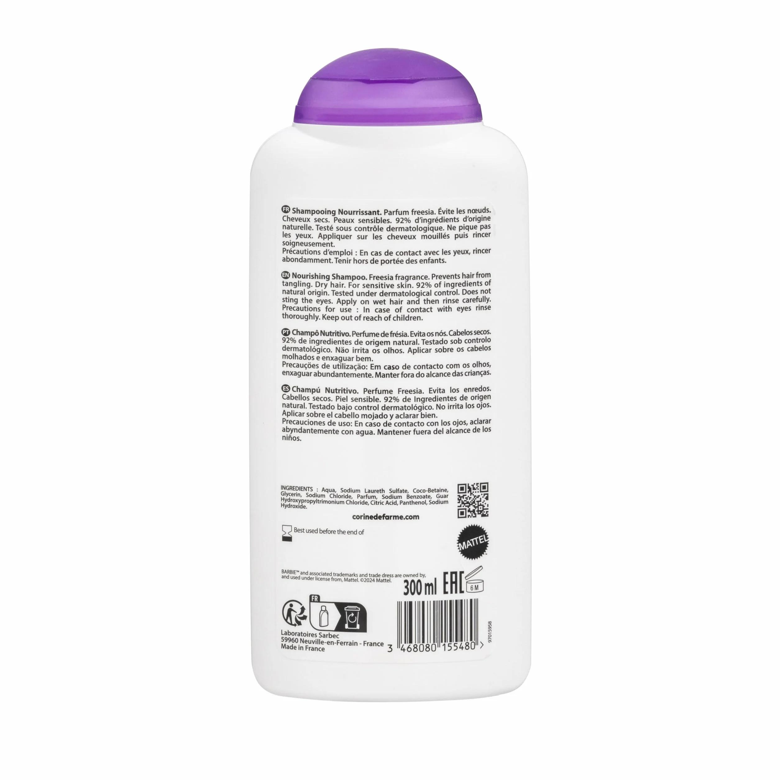 Corine de Farme, Barbie Shampoo Brillance 300ml - Szampon odżywczy do włosów dla dziewcząt, perfumy Frezja, miękka formuła, idealny do włosów dla lalek, Corine de Farme,
