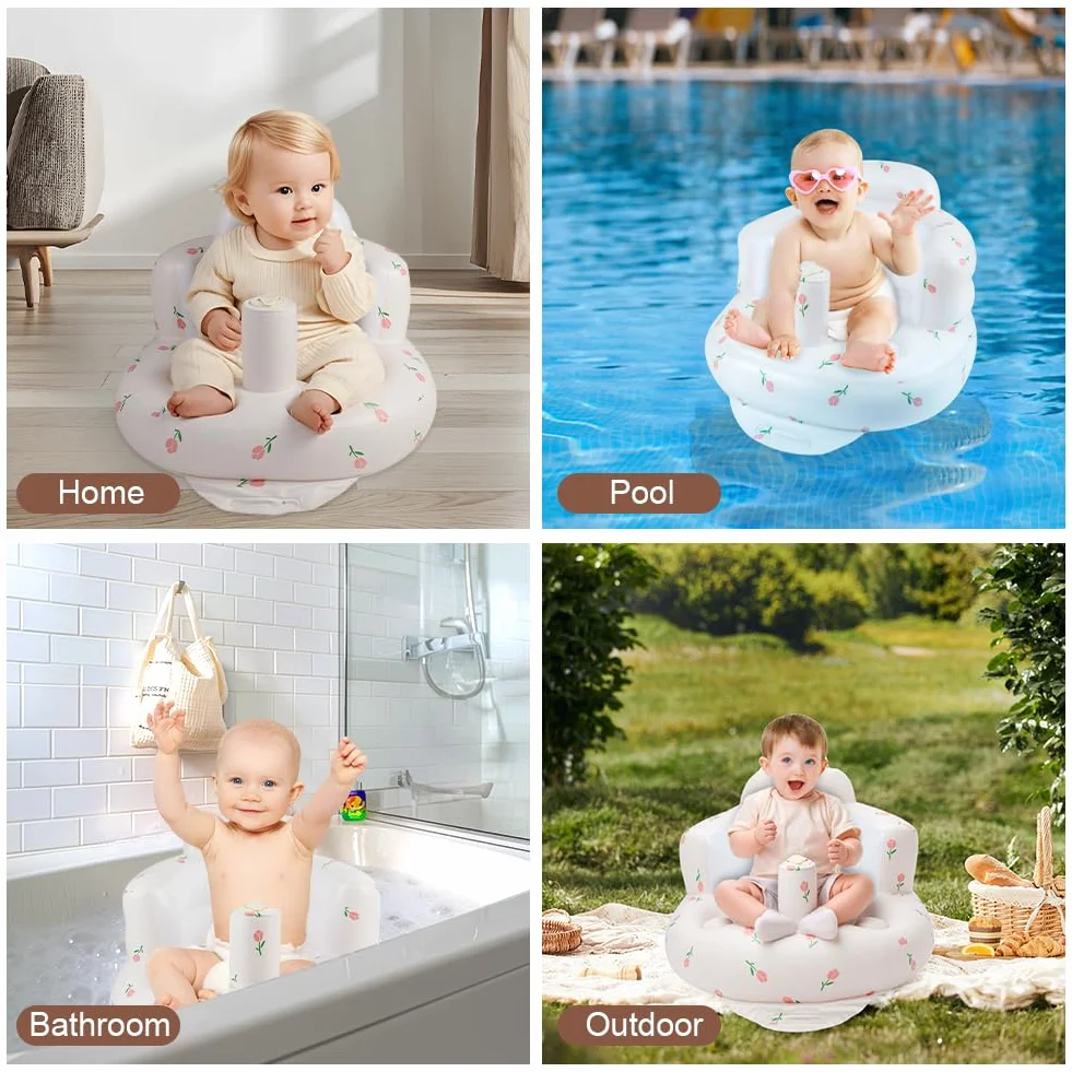 Dmuchane krzesełko dla niemowląt Alaoo, letnia sofa z podparciem dla niemowląt od 3 miesięcy, dmuchany fotel do siedzenia, krzesełko do prysznica, siedzisko ogrodowe, wzór w tulipany