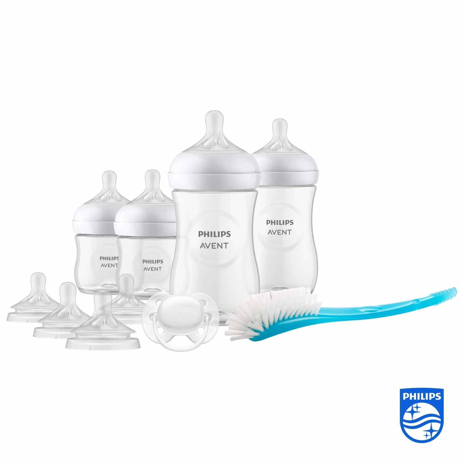 Philips Avent Zestaw butelek Natural z Responsywnym smoczkiem dla noworodków—4 butelki dla niemowląt, 2 smoczki, smoczek Ultra Soft i szczotka do butelek, wiek: 0–12 miesięcyi (model SCD838/13)