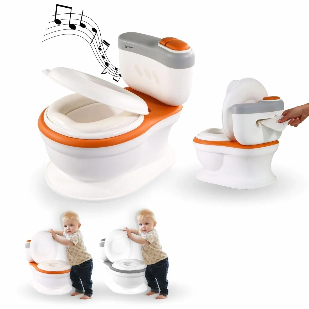 Mobiclinic® kids, Nocnik dla dzieci, Toikid, Wiek 1-6 lat, Z pokrywką, Dźwięk spłukiwania, Przegroda na papier toaletowy, Zasilany bateriami, Wyjmowana misa, Nieprzemakalne siedzisko