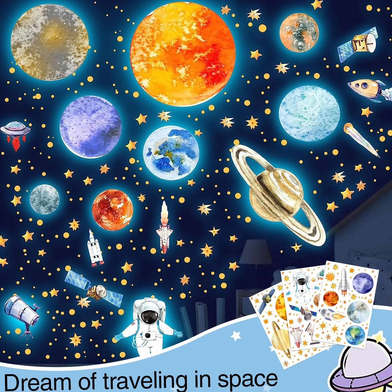 3 arkusze naklejek ściennych, świecące naklejki na ścianę, 9 planet, świecące gwiazdy, astronauta, planeta, naklejki ścienne, fluorescencyjne, układ słoneczny, gwiazdy, tatuaż ścienny, dekoracyjne