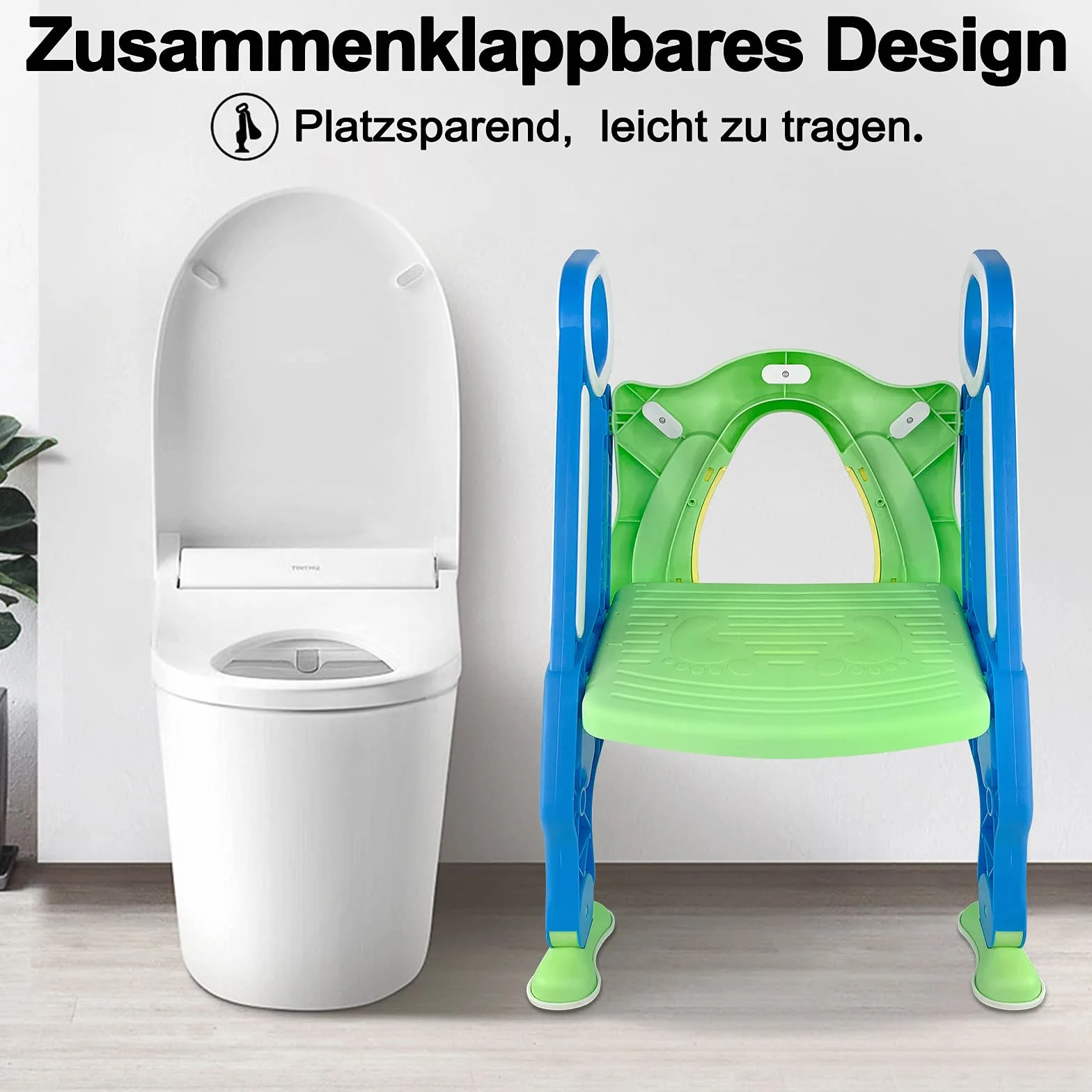 LARS360 Składany trenażer toaletowy dla dzieci z drabiną, schody, uchwyty, regulacja wysokości, deska sedesowa dla dzieci, zielona toaleta dla dzieci do treningu toaletowego dla dzieci w wieku 1-7 lat