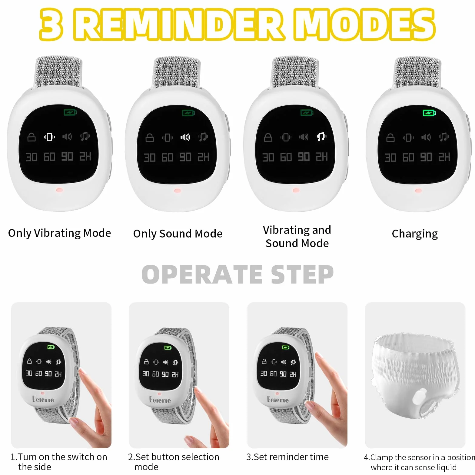 Bezprzewodowy alarm o moczeniu nocnym, z 3 trybami przypomnienia, ładowany przez USB-C, wysoka czułość, czujnik moczenia nocnego dla dzieci starszych i chorych na obłożnie