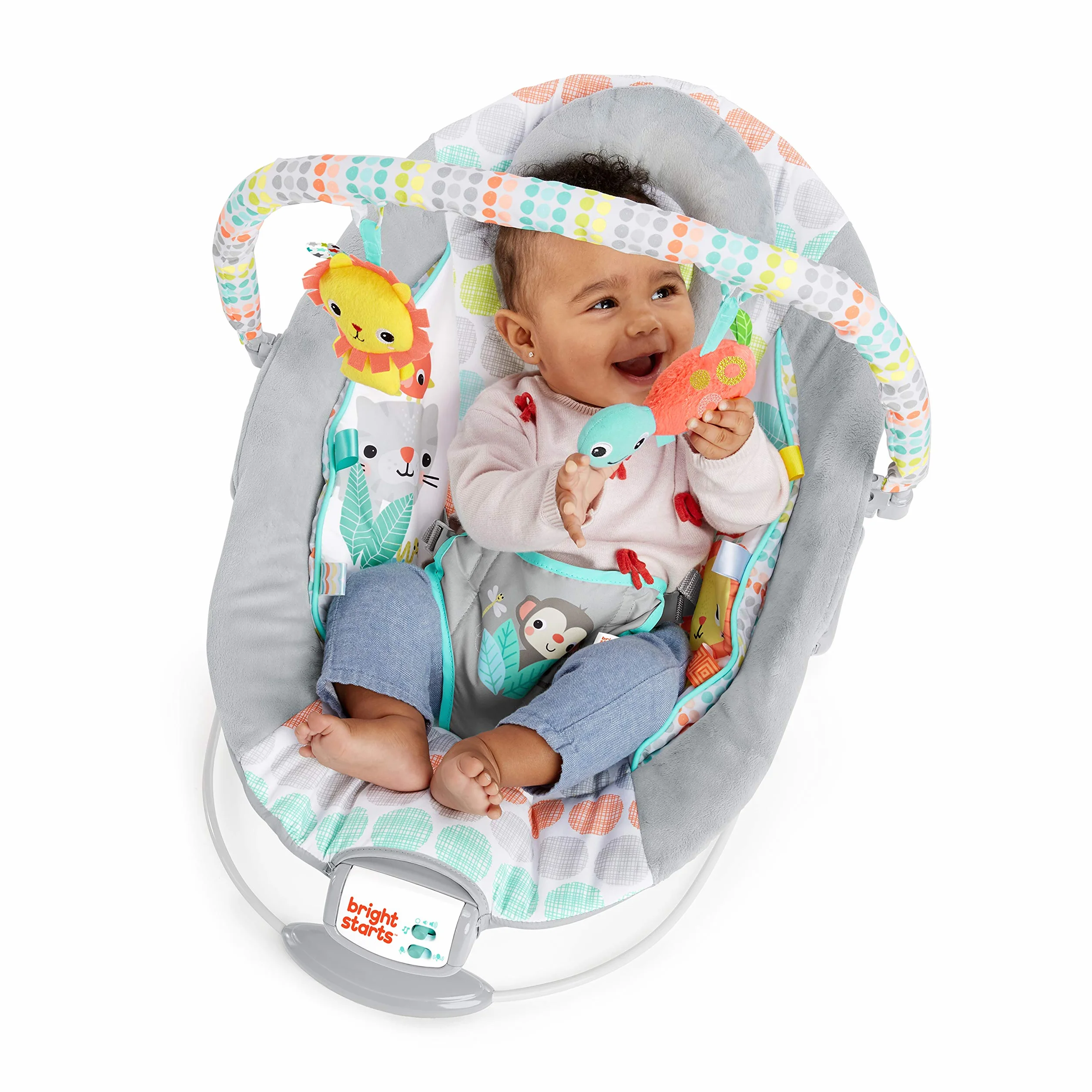 Bright Starts Wygodne siedzisko dla niemowląt, kojące wibracje, muzyka, zdejmowany, 0-6 miesięcy do 9 kg (kapryśny dziki)