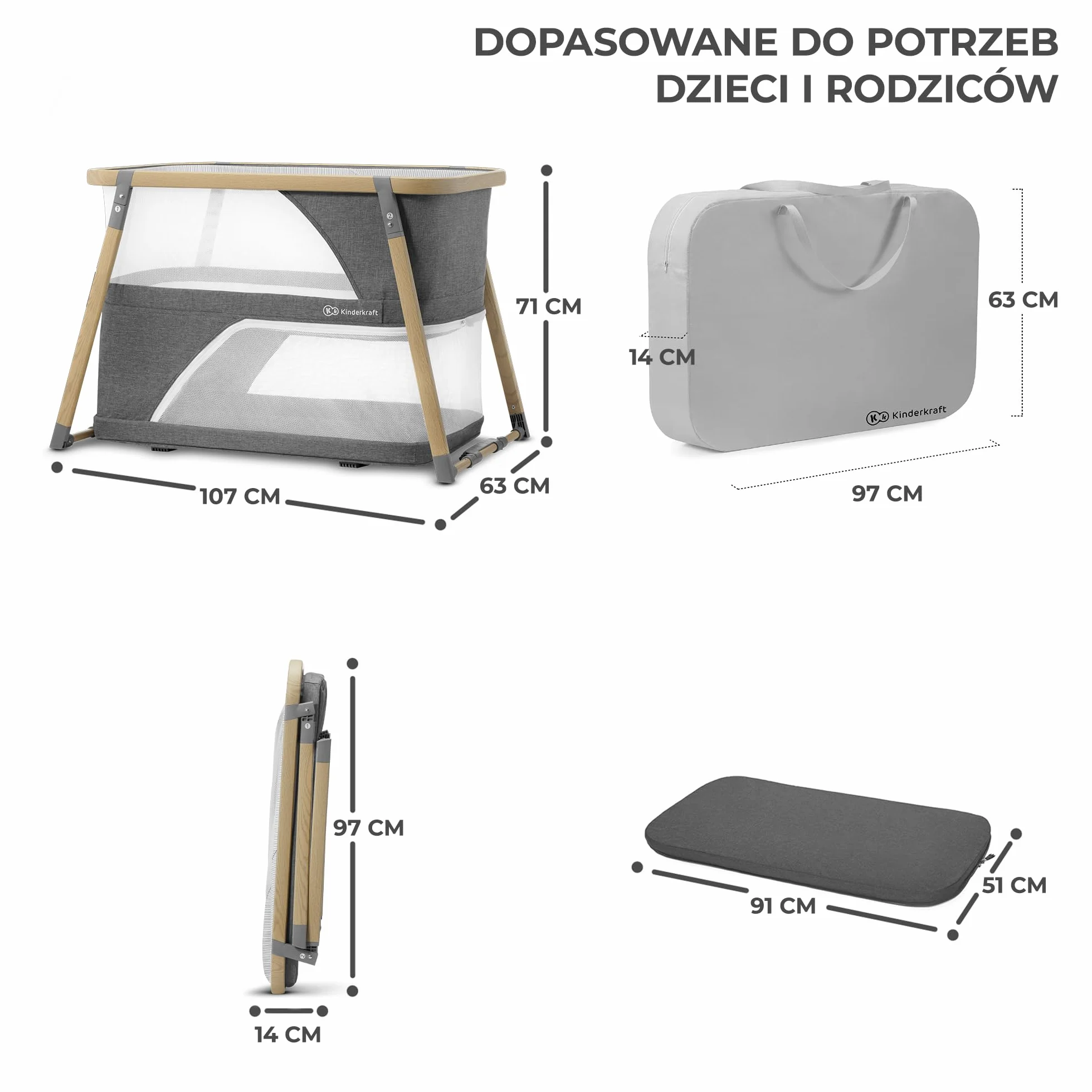 Kinderkraft Łóżeczko turystyczne 4w1 SOFI, Łóżko dziecięce, Kojec, Kołyska z funkcją bujania
