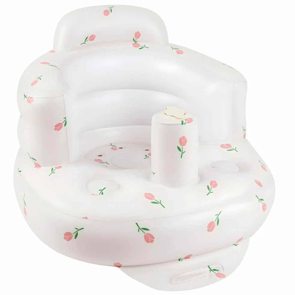 Dmuchane krzesełko dla niemowląt Alaoo, letnia sofa z podparciem dla niemowląt od 3 miesięcy, dmuchany fotel do siedzenia, krzesełko do prysznica, siedzisko ogrodowe, wzór w tulipany
