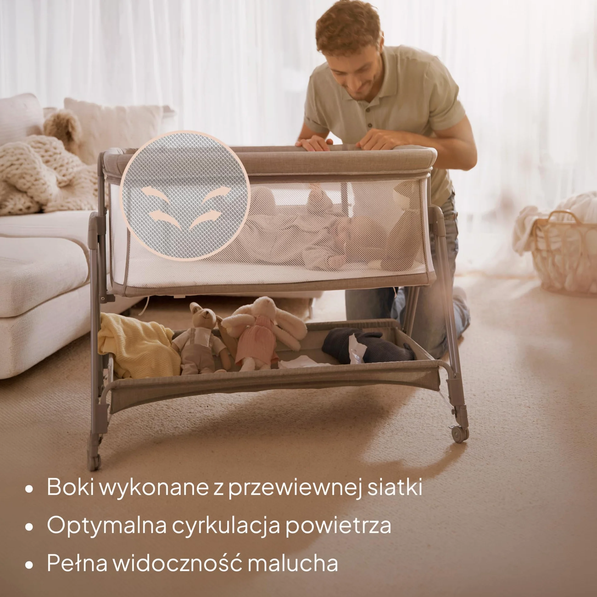 LIONELO Luna przenośne łóżeczko dostawne z materacykiem, co-sleeping, od noworodka do 9 kg. Regulowana wysokość i pochył, 4 kółka z blokadą, mocowanie do łóżka rodziców, przewiewne
