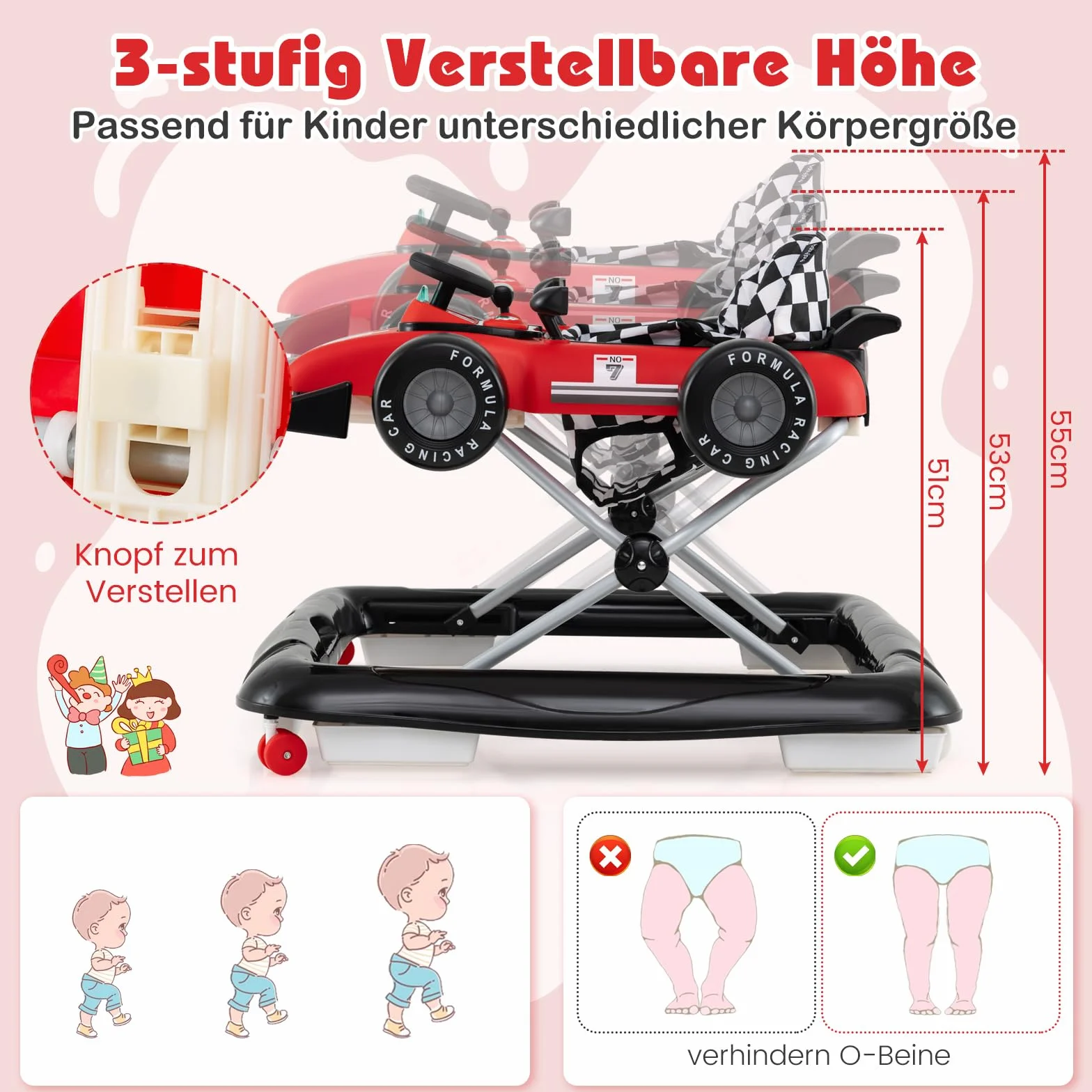 COSTWAY Pomoc w nauce chodzenia 4 w 1, wózek do nauki chodzenia, składany z regulacją wysokości, Baby Walker w kształcie samochodu z kierownicą i pozytywką, wózek z kółkami dla dzieci w wieku 6-18