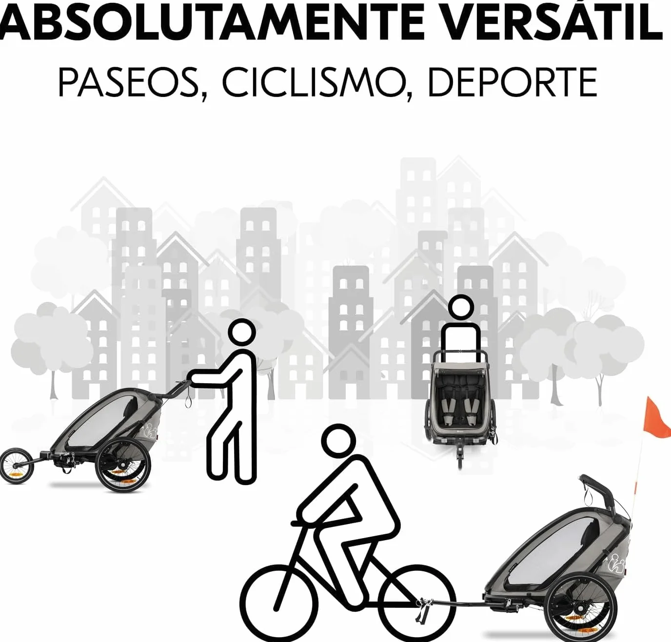hauck Bike N Walk Duo, Light Grey, przyczepa rowerowa dla dzieci, 2 osoby, 6 miesięcy do 22 kg / 120 cm, kompletny zestaw z akcesoriami, koło do wózka, hamulec ręczny, zawieszenie, oparcie odchylane