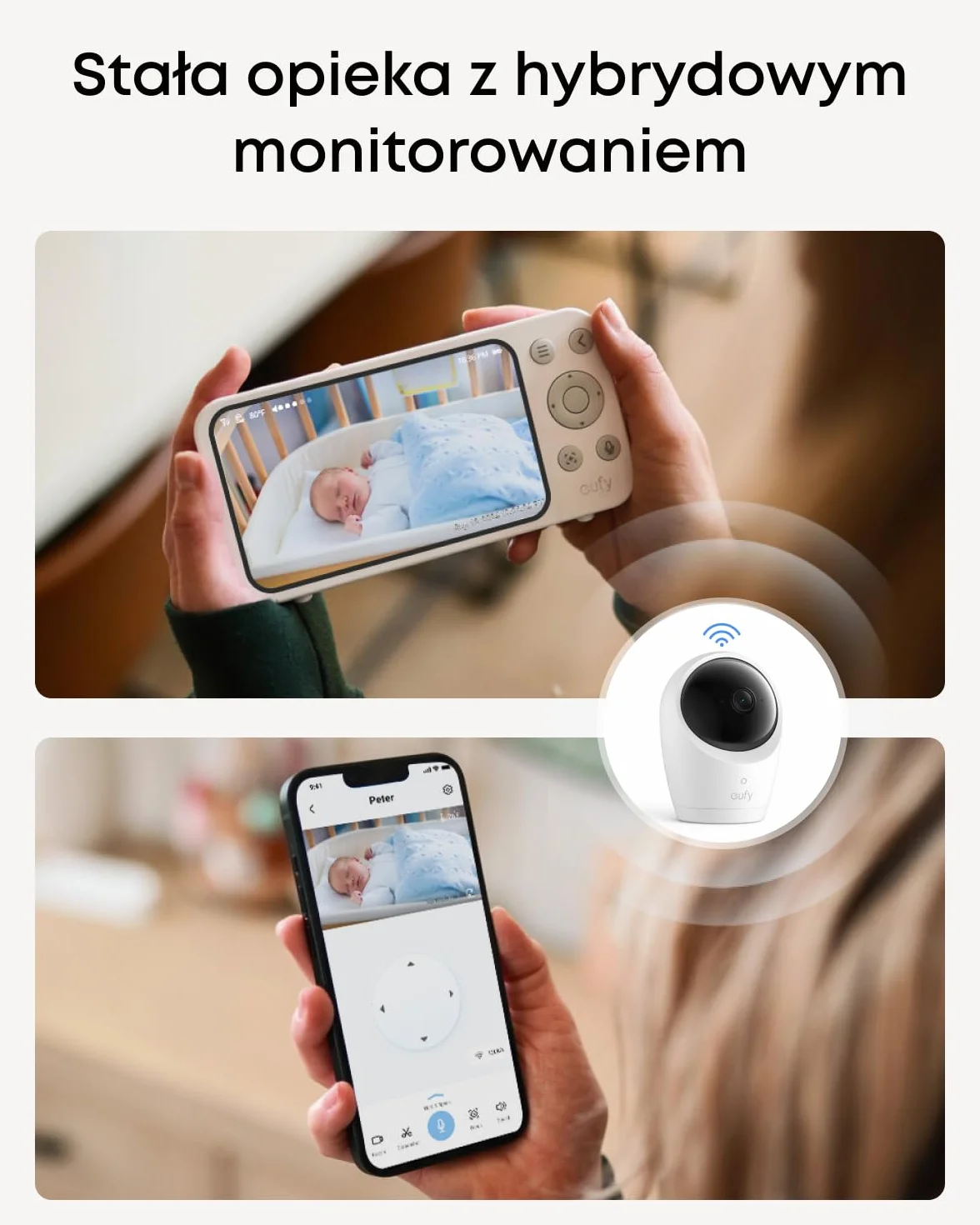 Kamera dziecięca eufy E20 z kamerą 2K HD, wyświetlaczem 5” 720p, hybrydowym Wi-Fi i bez połączenia Wi-Fi, obrót i pochylenie, 4-krotny zoom, ANR, inteligentne alerty