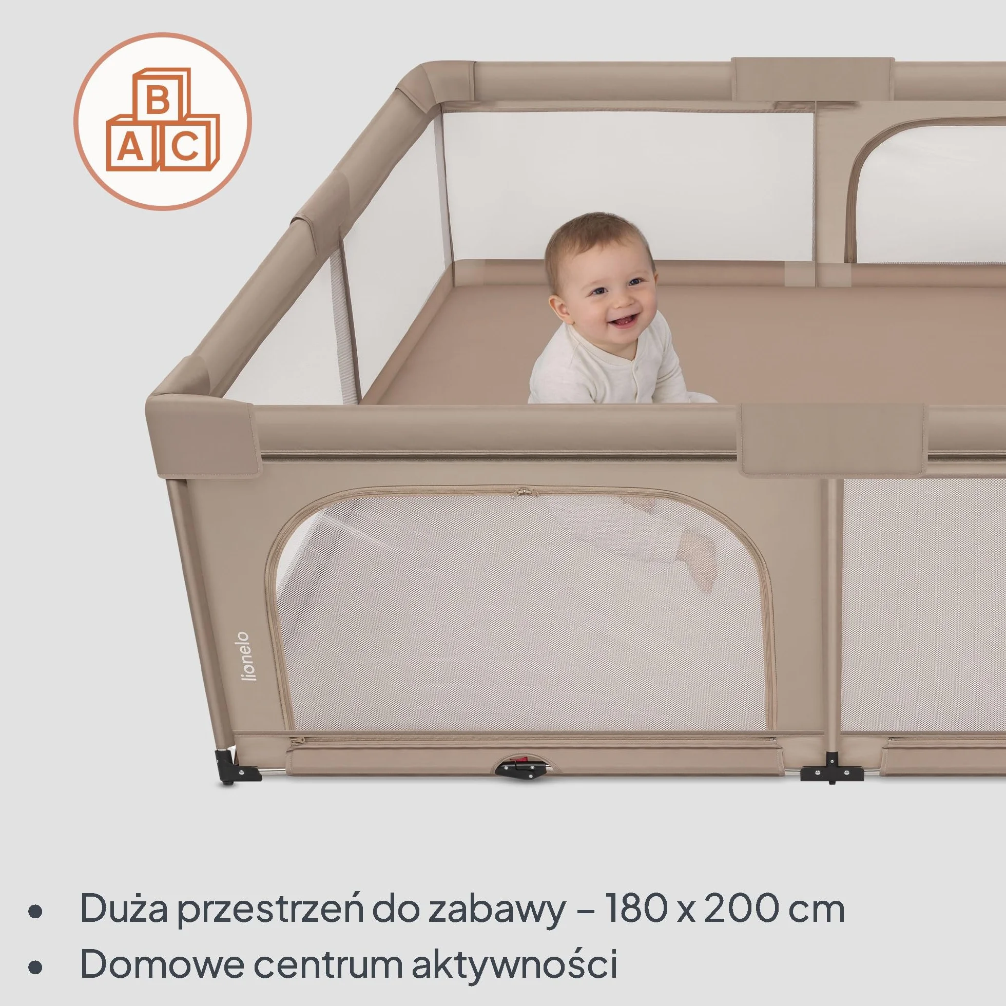 Lionelo Florence XL Easy Fold Kojec dla niemowląt, 180 x 200 cm, składany kojec dla niemowląt, bez montażu, 2 wejścia boczne z zamkiem błyskawicznym, oddychająca siatka, miękkie krawędzie, torba