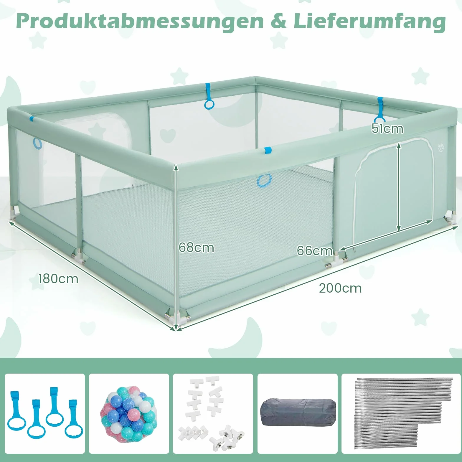GOPLUS Kojec dla niemowląt 200 x 180 cm, kojec z materacem, 4 pierścienie pod ręce i 50 piłek do zabawy, kratka do raczkowania z oddychającą siatką, drzwi i zamek błyskawiczny dla niemowląt i małych