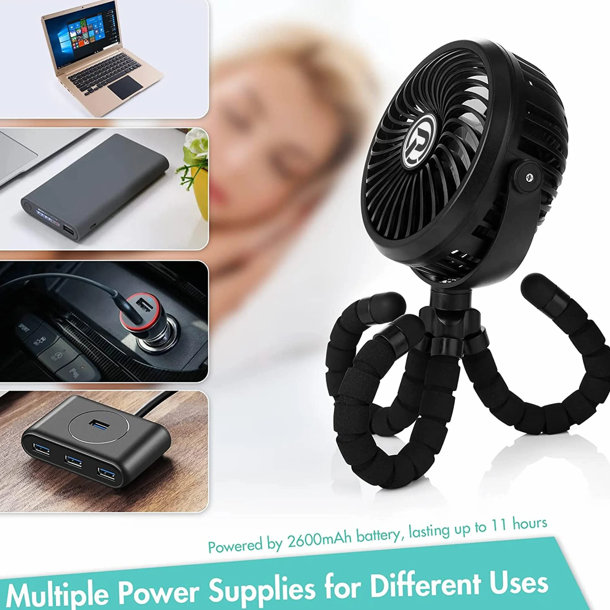 Mini Ventilador USB 2600mAh Batería Oscilante 360° 3 Velocidades Portátil