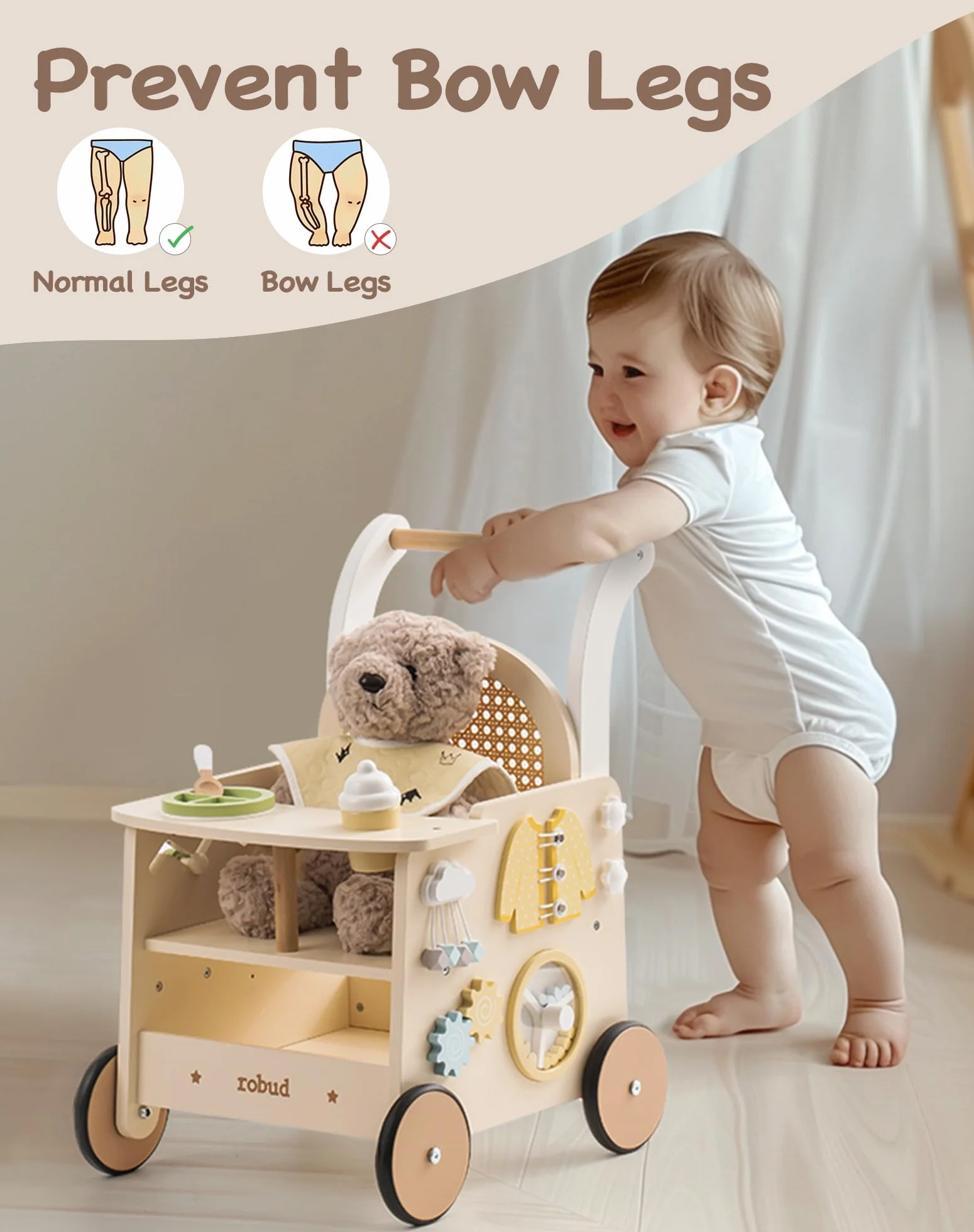 ROBUD Drewniany pomocnik do nauki chodzenia Baby Walker 2 w 1, wózek do nauki chodzenia z Montessori Busy Activity Board, hamulec bezpieczeństwa, zabawka na spacery, prezent