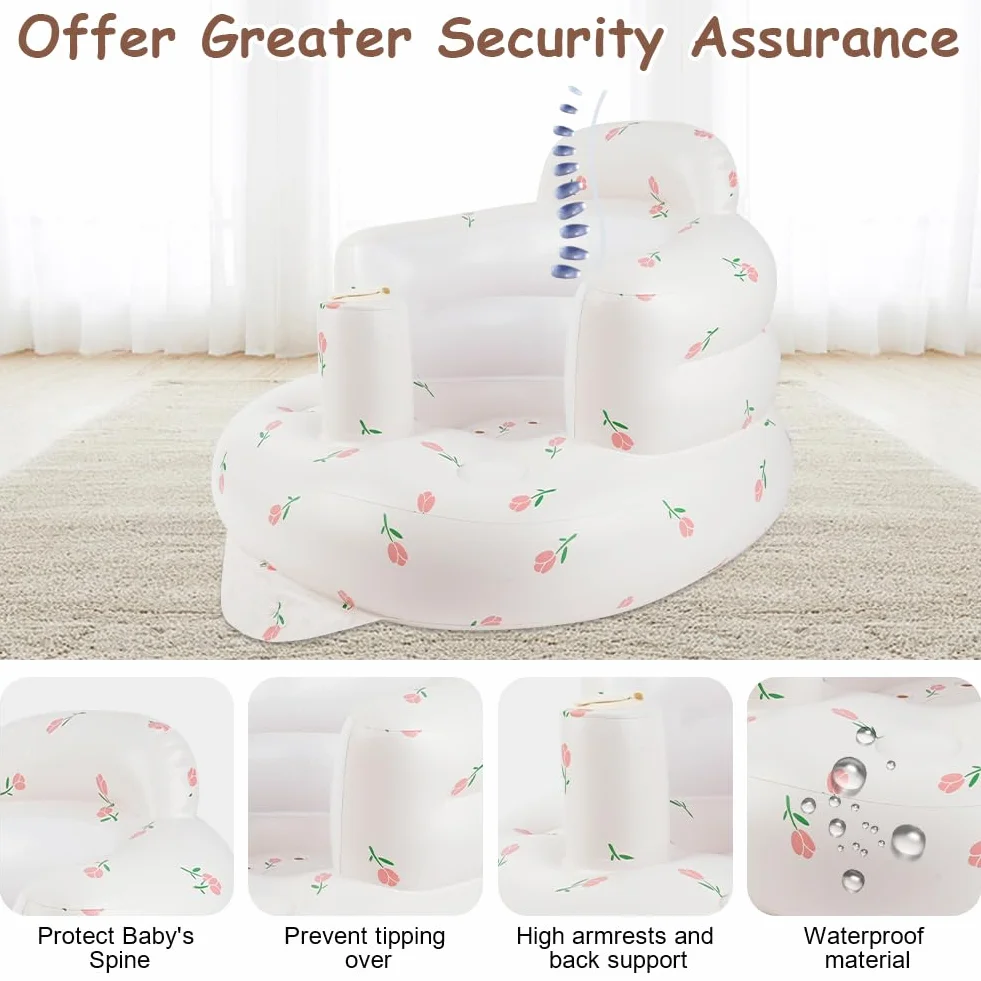 Dmuchane krzesełko dla niemowląt Alaoo, letnia sofa z podparciem dla niemowląt od 3 miesięcy, dmuchany fotel do siedzenia, krzesełko do prysznica, siedzisko ogrodowe, wzór w tulipany