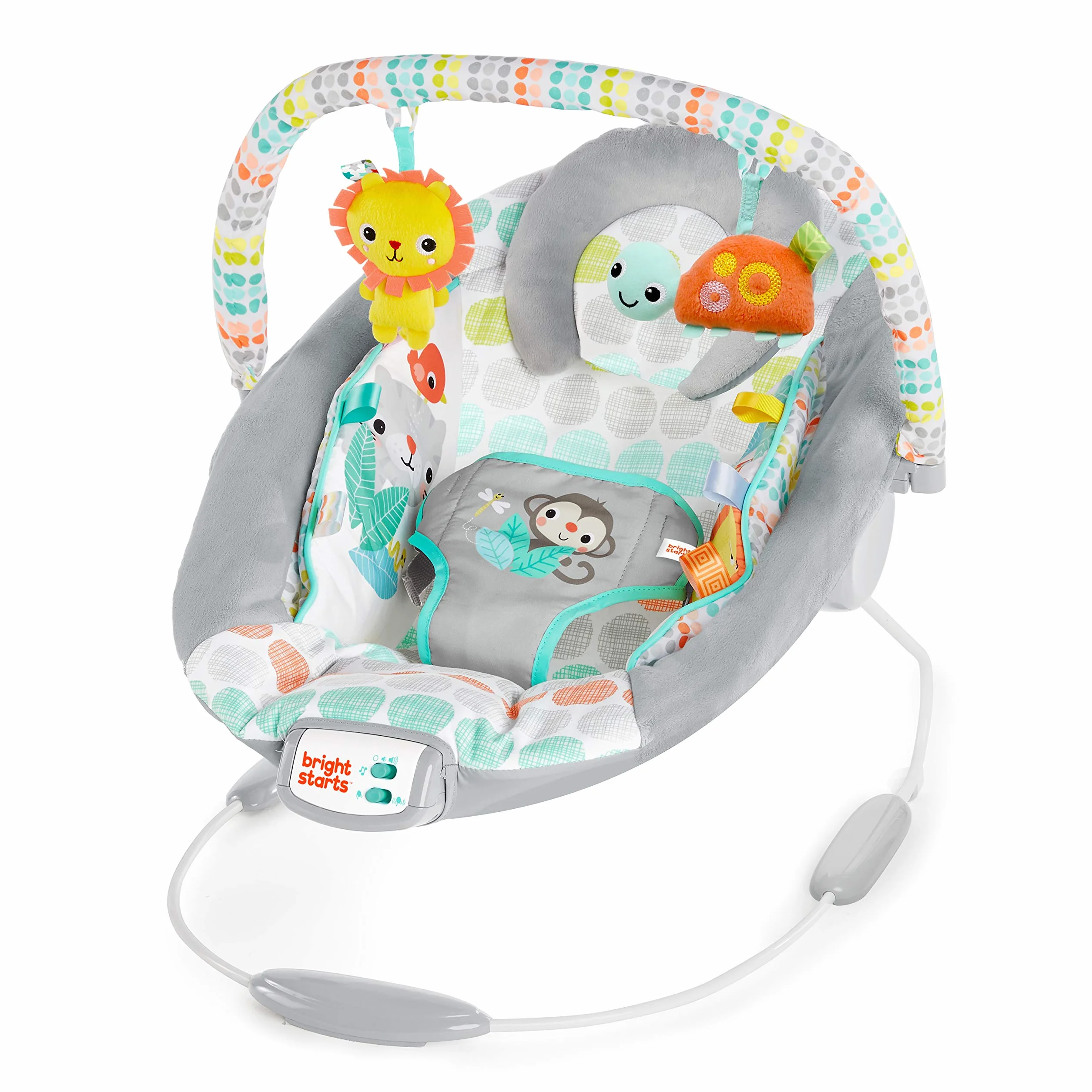 Bright Starts Wygodne siedzisko dla niemowląt, kojące wibracje, muzyka, zdejmowany, 0-6 miesięcy do 9 kg (kapryśny dziki)