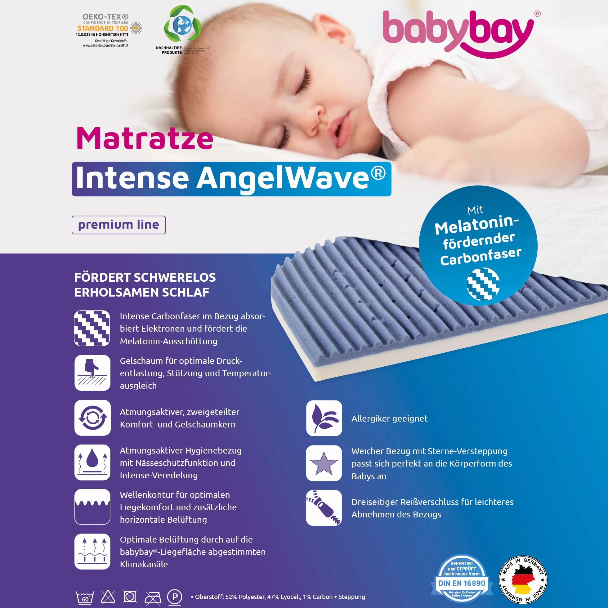 babybay Łóżko pomocnicze materac Intense AngelWave pasuje do modeli Maxi, Boxspring i Comfort Plus