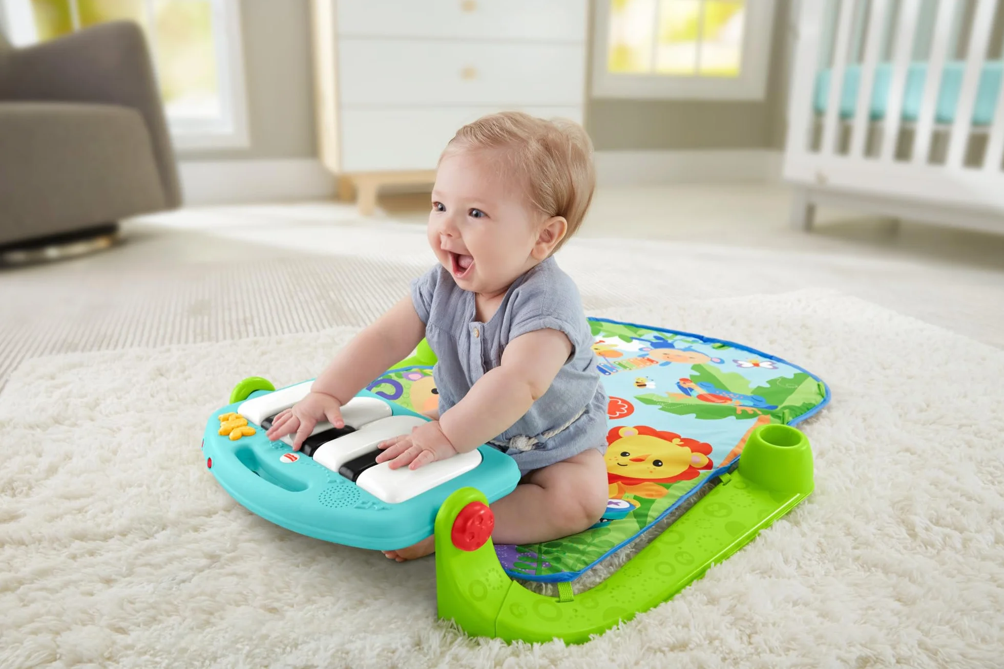 Fisher-Price Mata gimnastyczna z pianinkiem, edukacyjna mata dla niemowląt z muzyczną zabawką dla niemowląt, HBB73