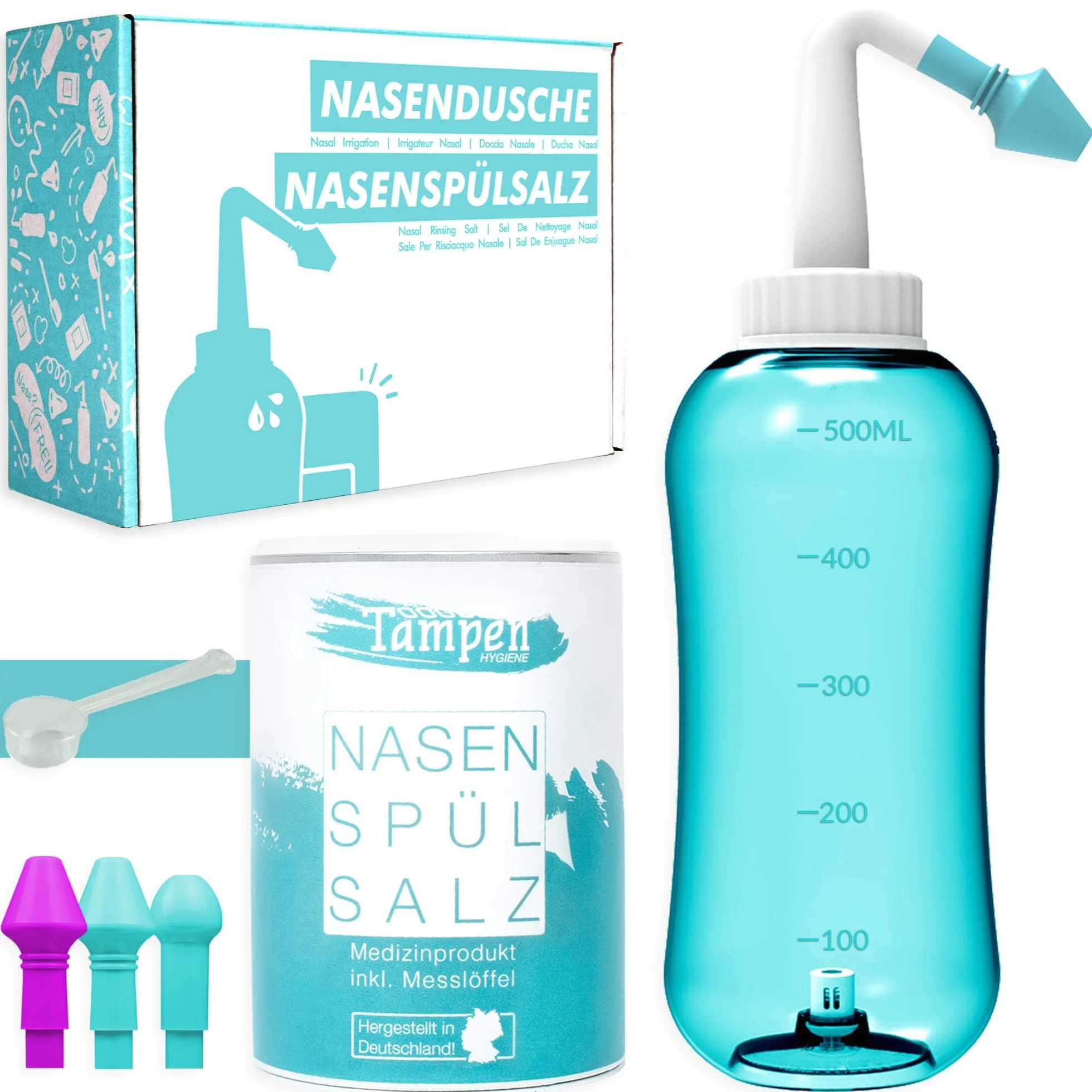 Tampen Higiena Zestaw prysznicowy do nosa 120 x sól do płukania nosa 300 g łyżka pomiarowa 3 nasadki dla dorosłych i dzieci