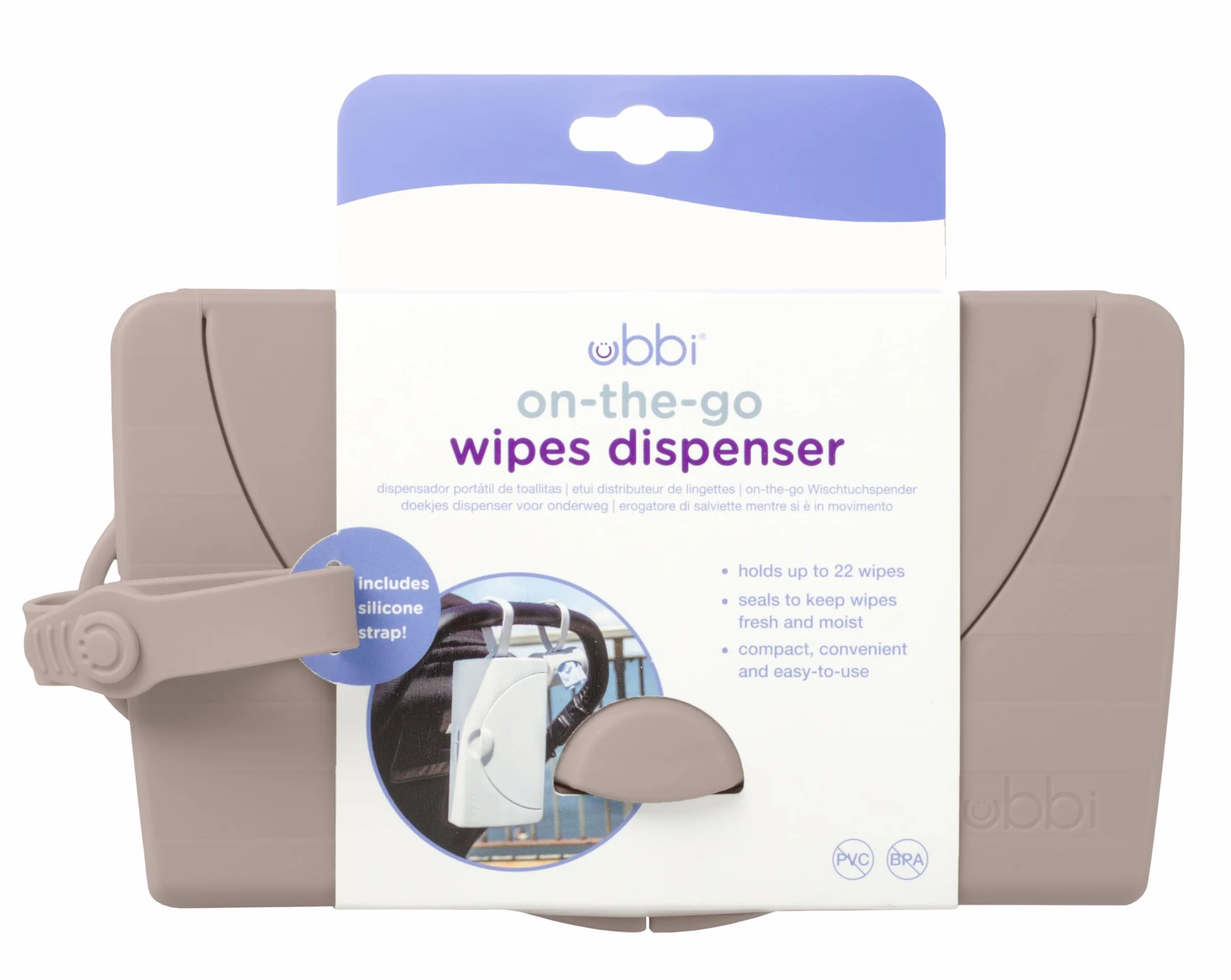 Ubbi On-the-Go Dozownik chusteczek dla niemowląt, przenośny pojemnik na chusteczki do podróży, akcesoria niezbędne dla noworodków, uchwyt na chusteczki wielokrotnego użytku, kolor taupe, Dozownik