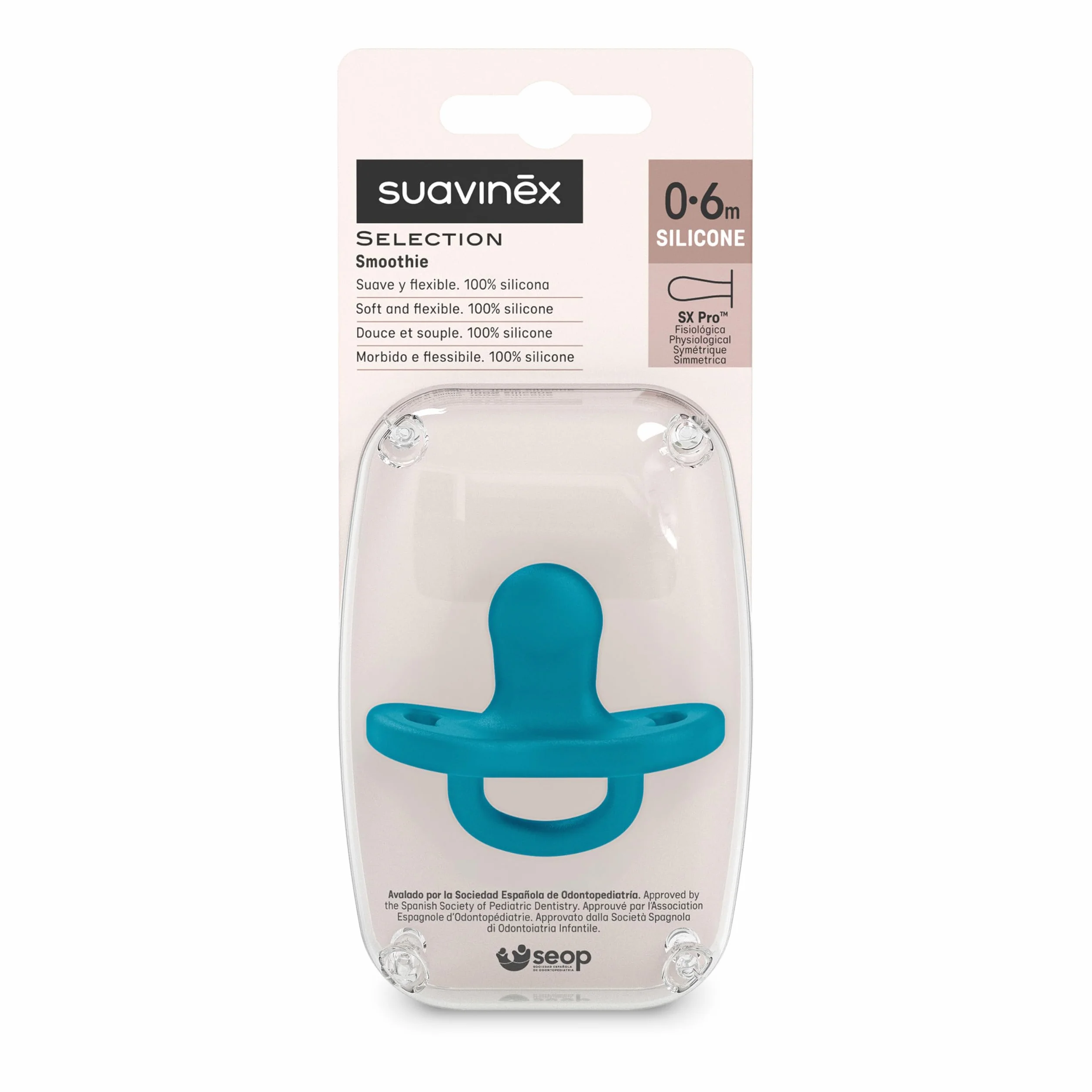 Suavinex, Uniwersalny silikonowy smoczek, dla dzieci w wieku 0/6 miesięcy, symetryczny ssak, super miękki i elastyczny, idealny do spania, Color Essence, Deep Ocean