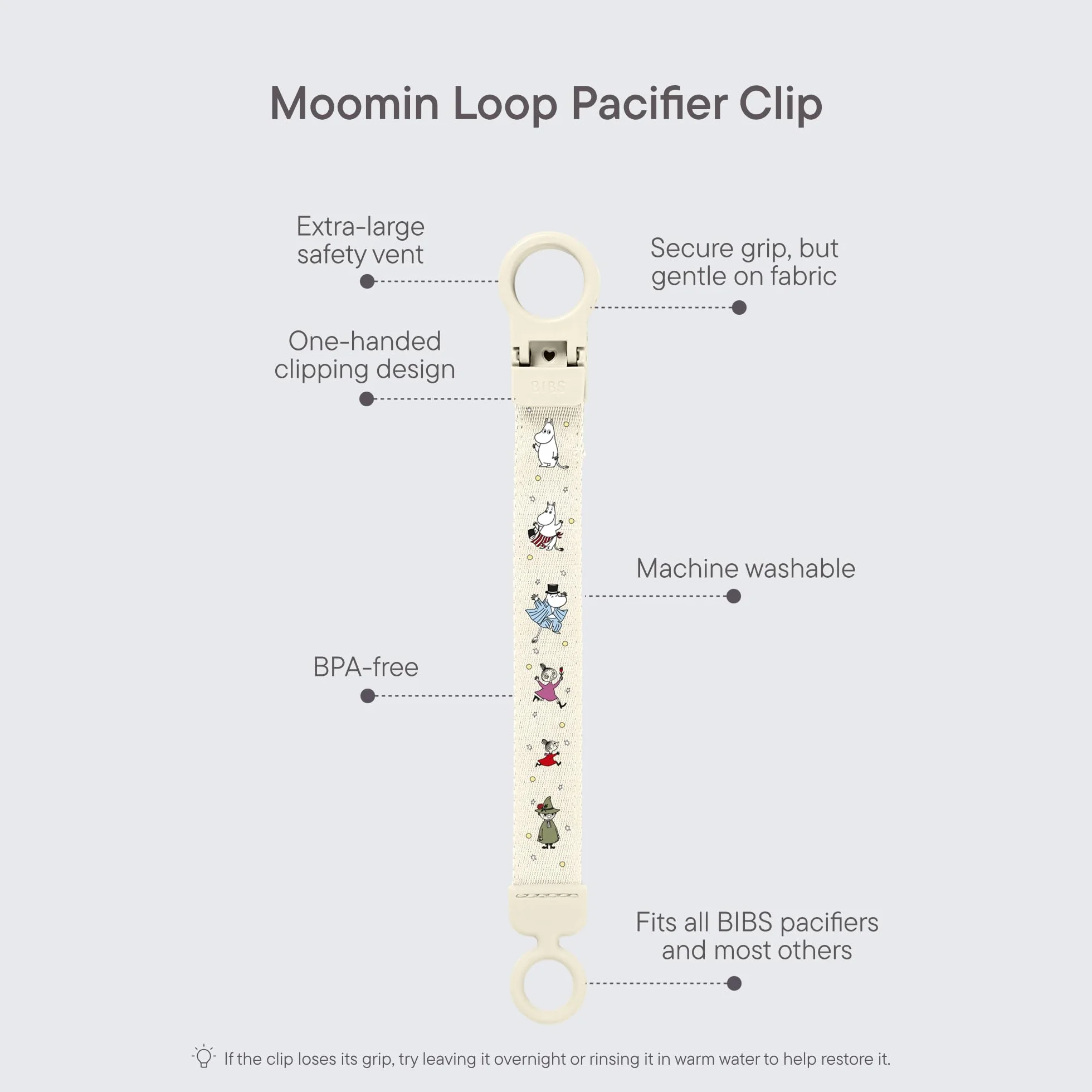 Klips do smoczka BIBS x Moomins Loop – elegancki, bezpieczny w obsłudze jedną ręką, pasuje do wszystkich smoczków BIBS i większości marek, można prać w pralce, wiek: 0+ - Ivory