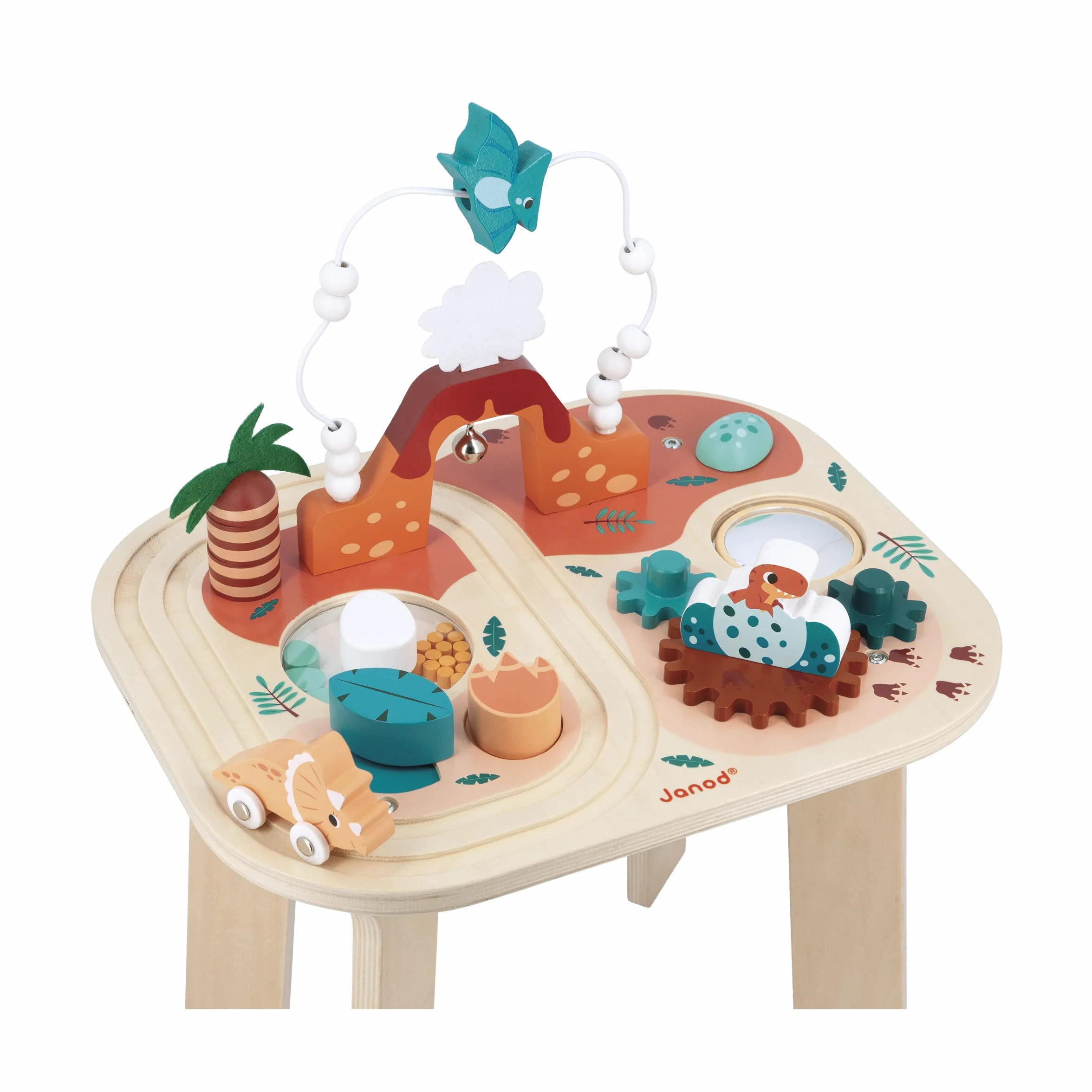 Janod Table Dinosaur-8 zajęć Pierwsza epoka przebudzenia-rozwija umiejętności motoryczne i zręczność-drewniana zabawka FSC-od 12 miesięcy, J05825, Wielokolorowa, Medium