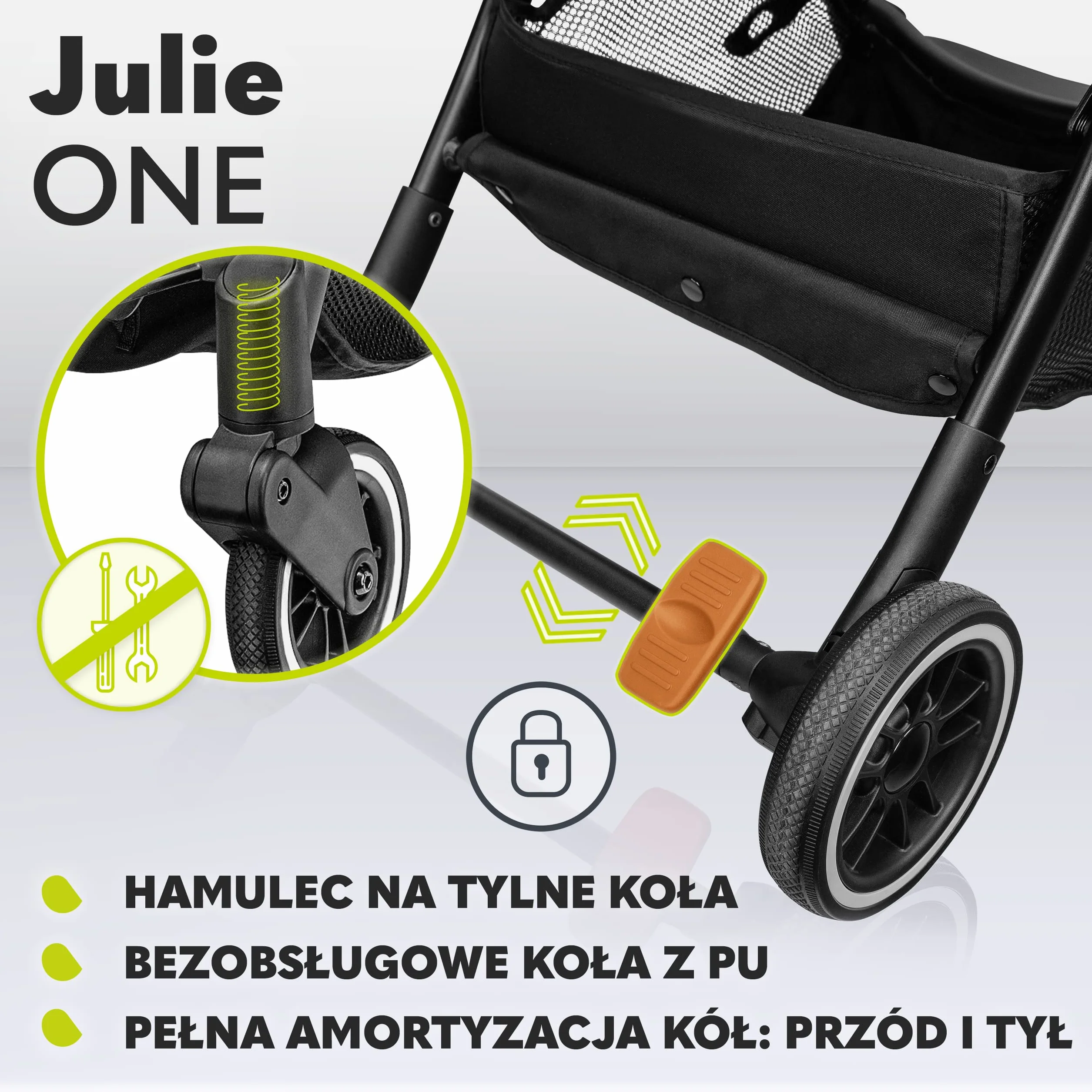 LIONELO Julie One wózek spacerowy do 22kg, regulacja oparcia od pozycji siedzącej do leżącej, regulowany podnóżek, ocieplacz na nóżki, moskitiera, torba do transportu