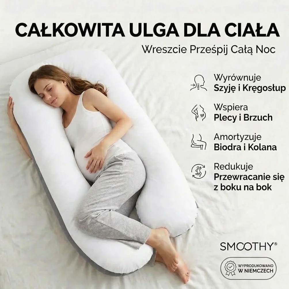 Poduszka ciążowa SMOOTHY XXL w kształcie litery U 150x80 cm, ze zdejmowaną poszewką bawełnianą