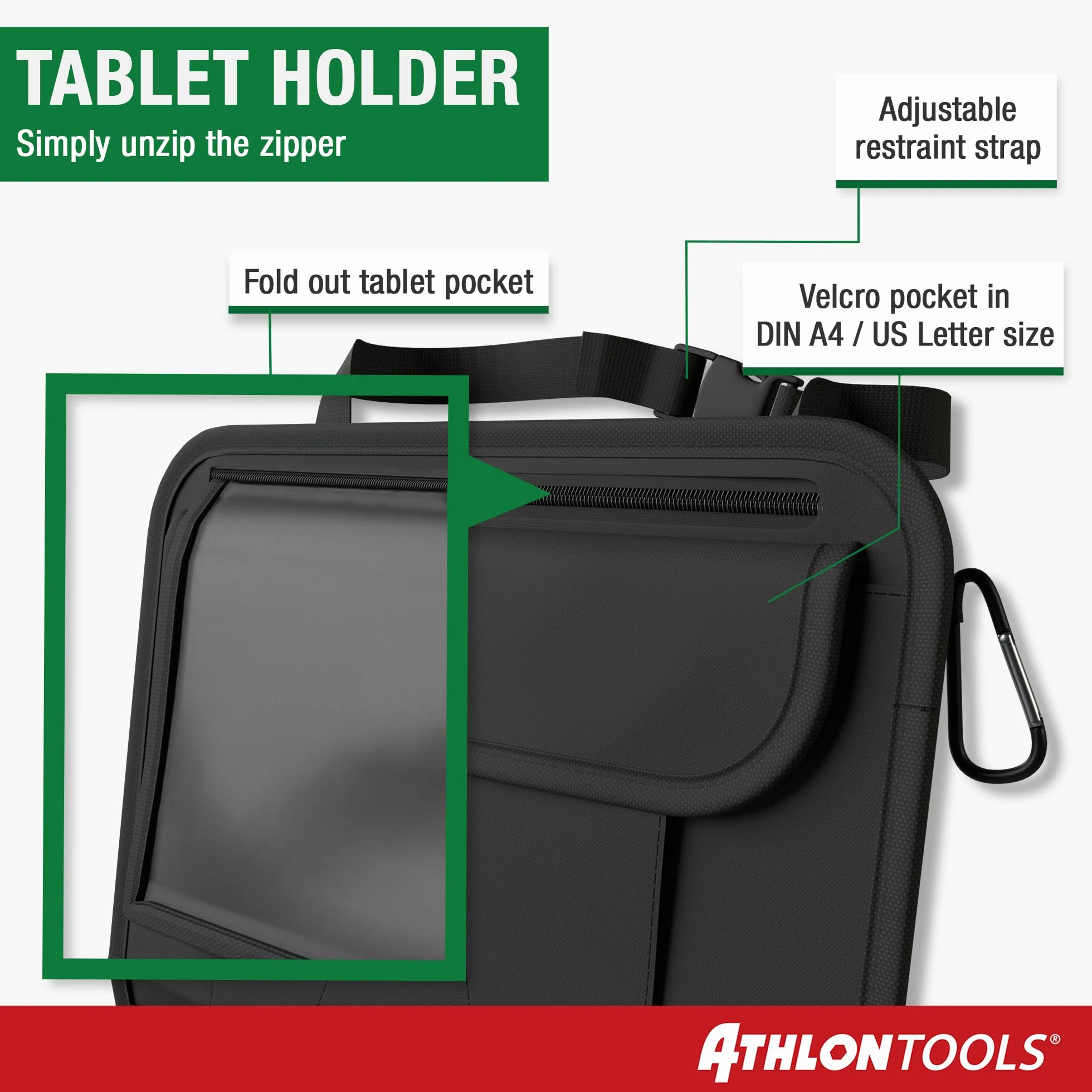 ATHLON TOOLS Najstabilniejszy organizer na fotel samochodowy z uchwytem na tablet, wzmocniony tył, bezpieczny dla żywności, z dodatkowym piórnikiem, biznesowy / dla dzieci, zaprojektowany w Hamburgu