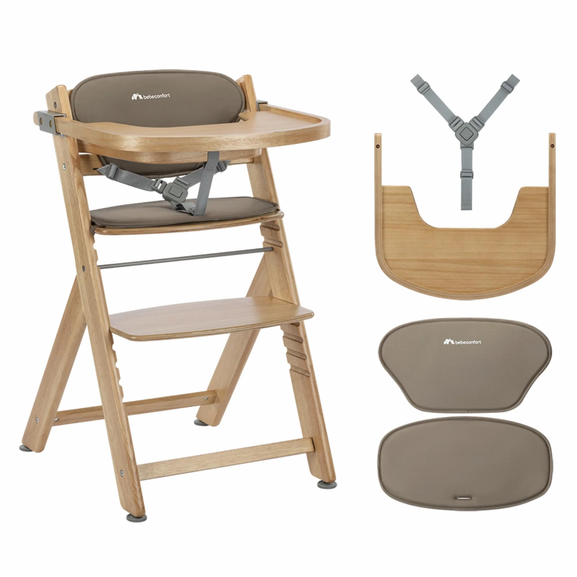 Bebeconfort Timba 2 z Poduszką, Krzesełko Dziecięce Drewniane, 6+ Miesięcy, Do 110 kg, Ergonomiczne Krzesełko do Karmienia, Pasuje do Wielu Stołów, Wyjmowana Taca, Natural Wood + Beige