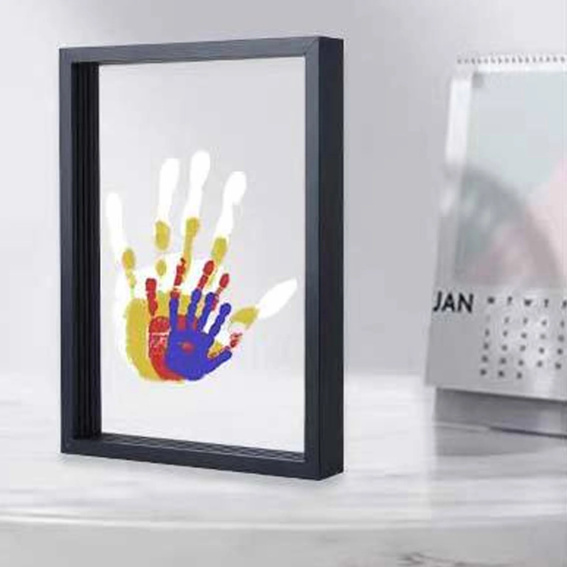 QSLKI Family Handprint Kit Clear Diy Craft Pamiątki Drewniane Ramy, Czarny, Rodzinny Zestaw Pamiątek Dłoni i Stóp, Cztery Przegrody Sześć Farb, Dziecięcy Odcisk Ręki i Stóp Zestaw, Rodzinny Pamiątek D