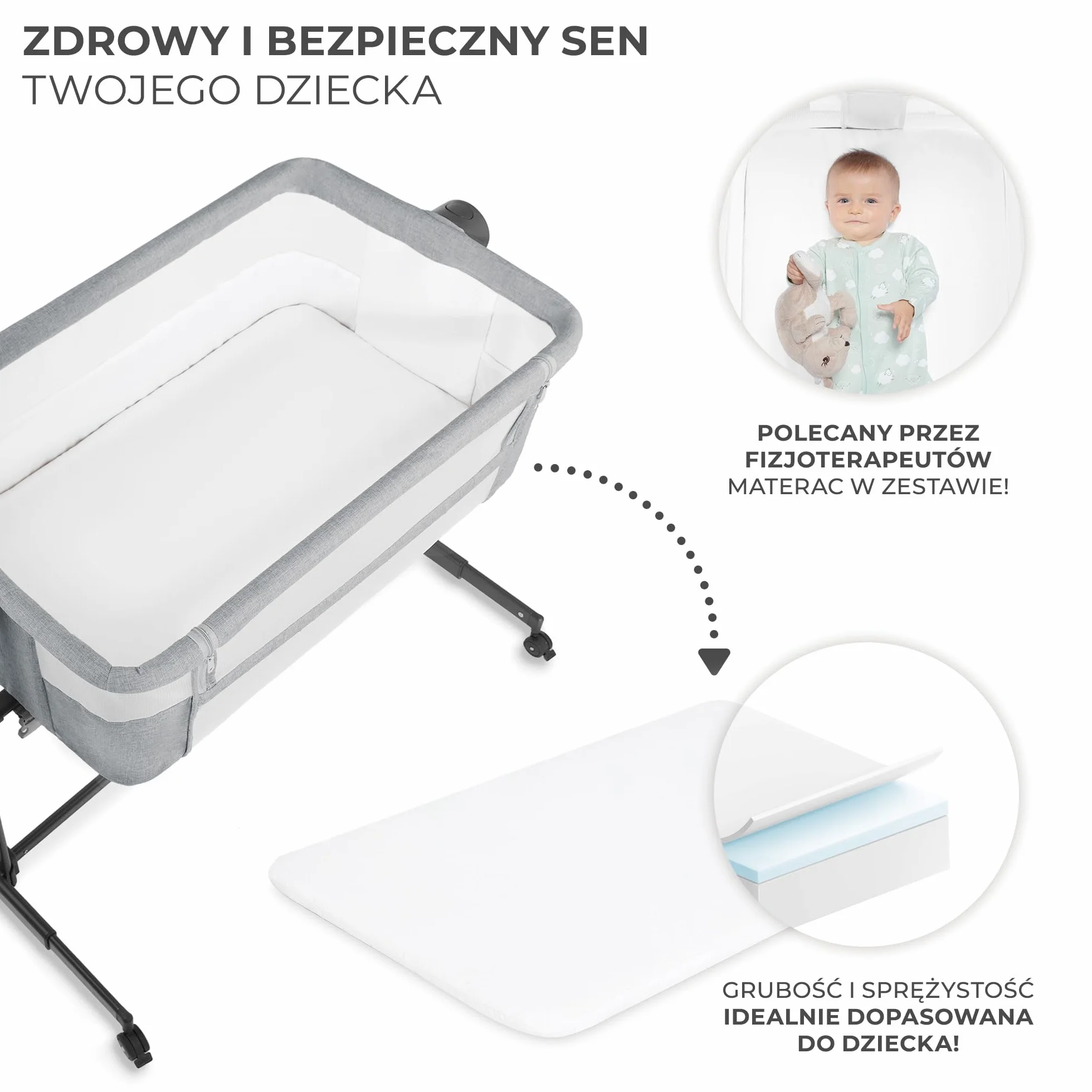 Kinderkraft NESTE UP2 Łóżeczko dostawne turystyczne dziecięce, regulacja wysokości i kąta nachylenia, materac i prześcieradło, do 9 kg, Szary