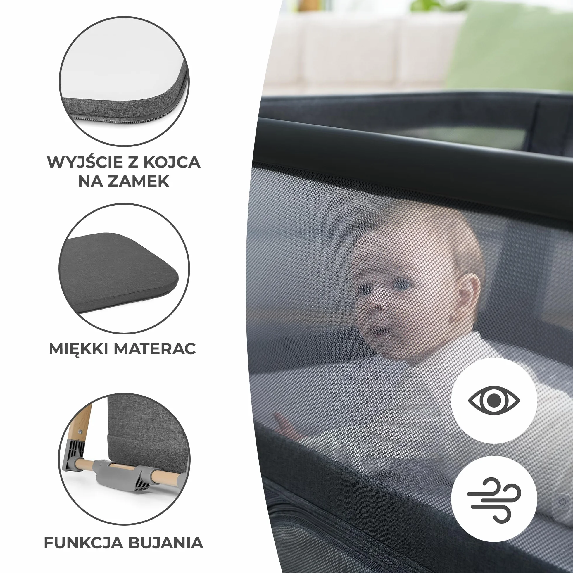 Kinderkraft Łóżeczko turystyczne 4w1 SOFI, Łóżko dziecięce, Kojec, Kołyska z funkcją bujania