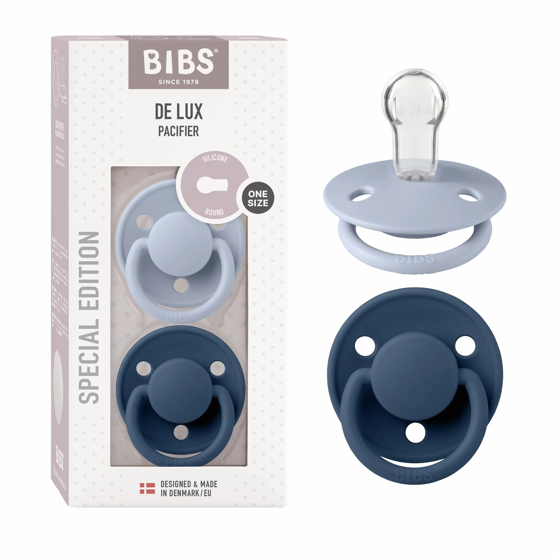 BIBS De Lux smoczek, 2 sztuki, nie zawiera BPA, smoczek w kształcie wiśni, silikon, wyprodukowano w Danii. 0-36 miesięcy (2 sztuki) Dusty Blue/Steel Blue