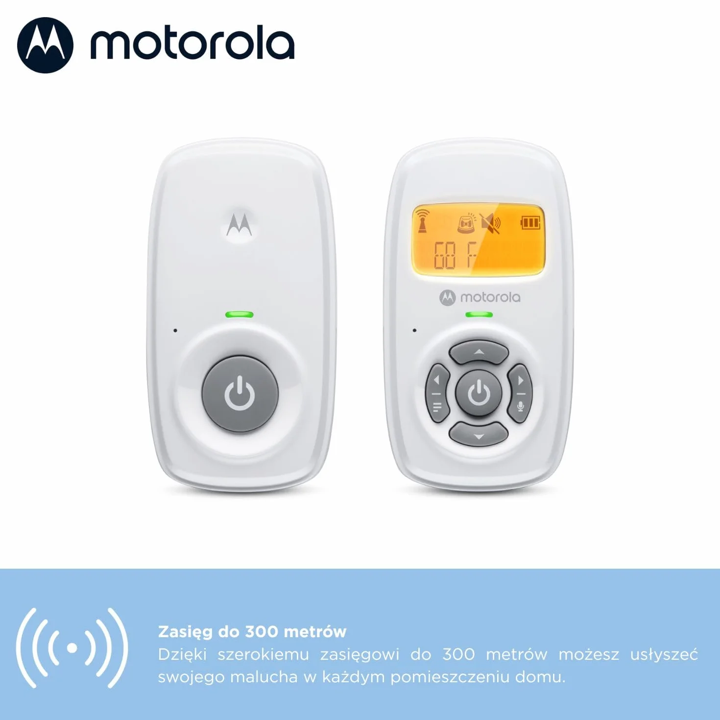 Motorola Nursery AM24 Elektroniczna niania, dwukierunkowa rozmowa, mikrofon o wysokiej czułości, wyświetlacz LCD, technologia DECT, zasięg do 300 metrów, regulacja głośności, alarm baterii