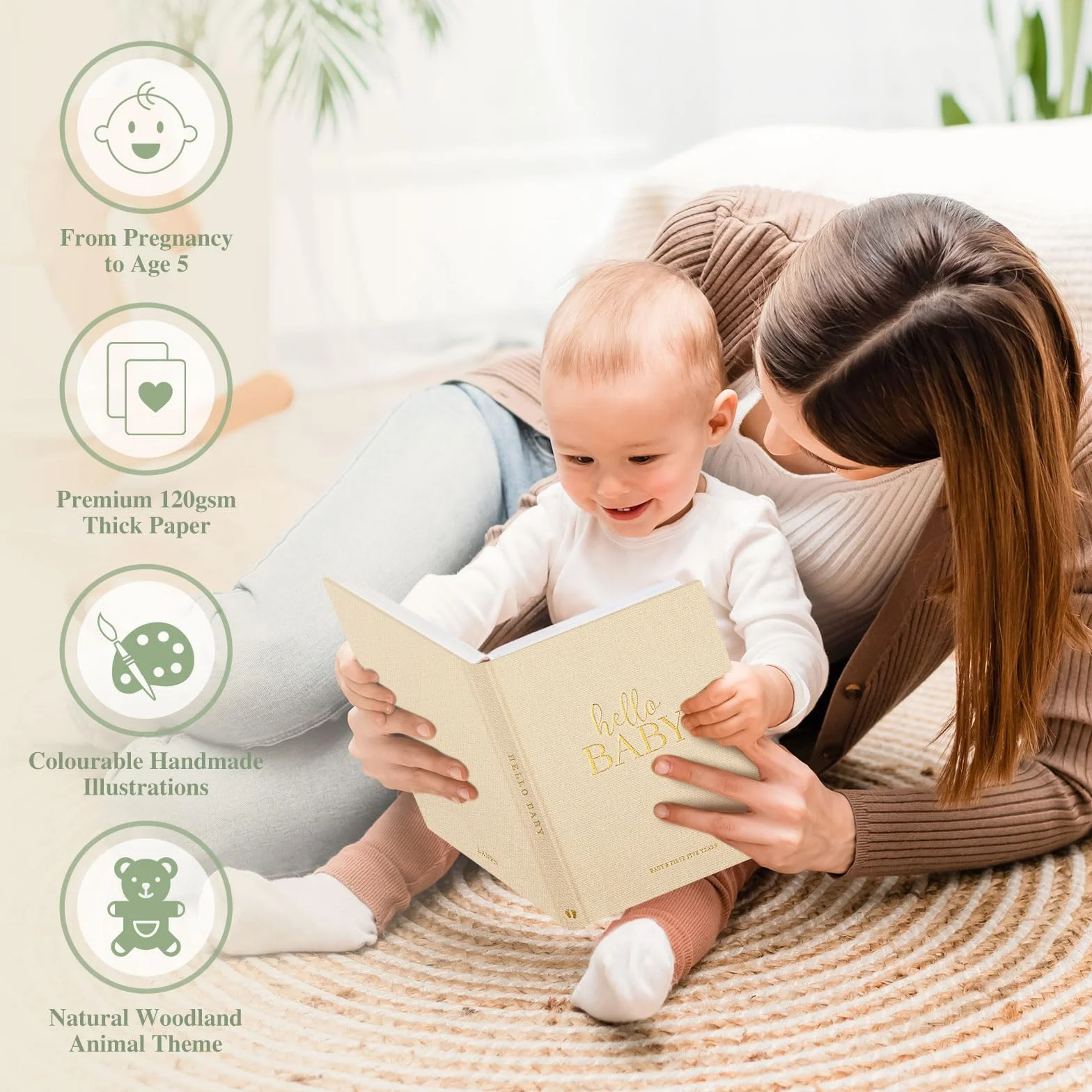 Lanpn Hello Baby Pierwsza 5-letnia książka pamiątkowa dla noworodka, liana twarda okładka, pamiętnik dla nowych rodziców, album fotograficzny, kamień milowy (beżowy,}