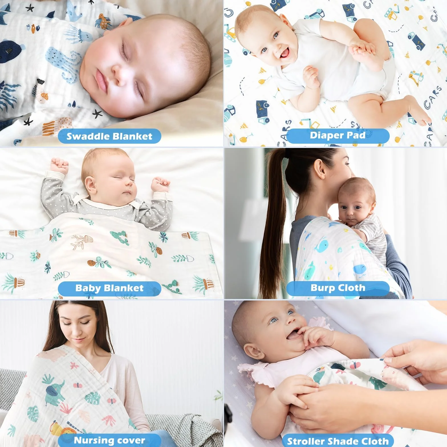 Maliton Baby Muslins Cotton 6 Sztuk 70x70 cm Pieluchy Muslinowe 6 Warstw dla Niemowląt