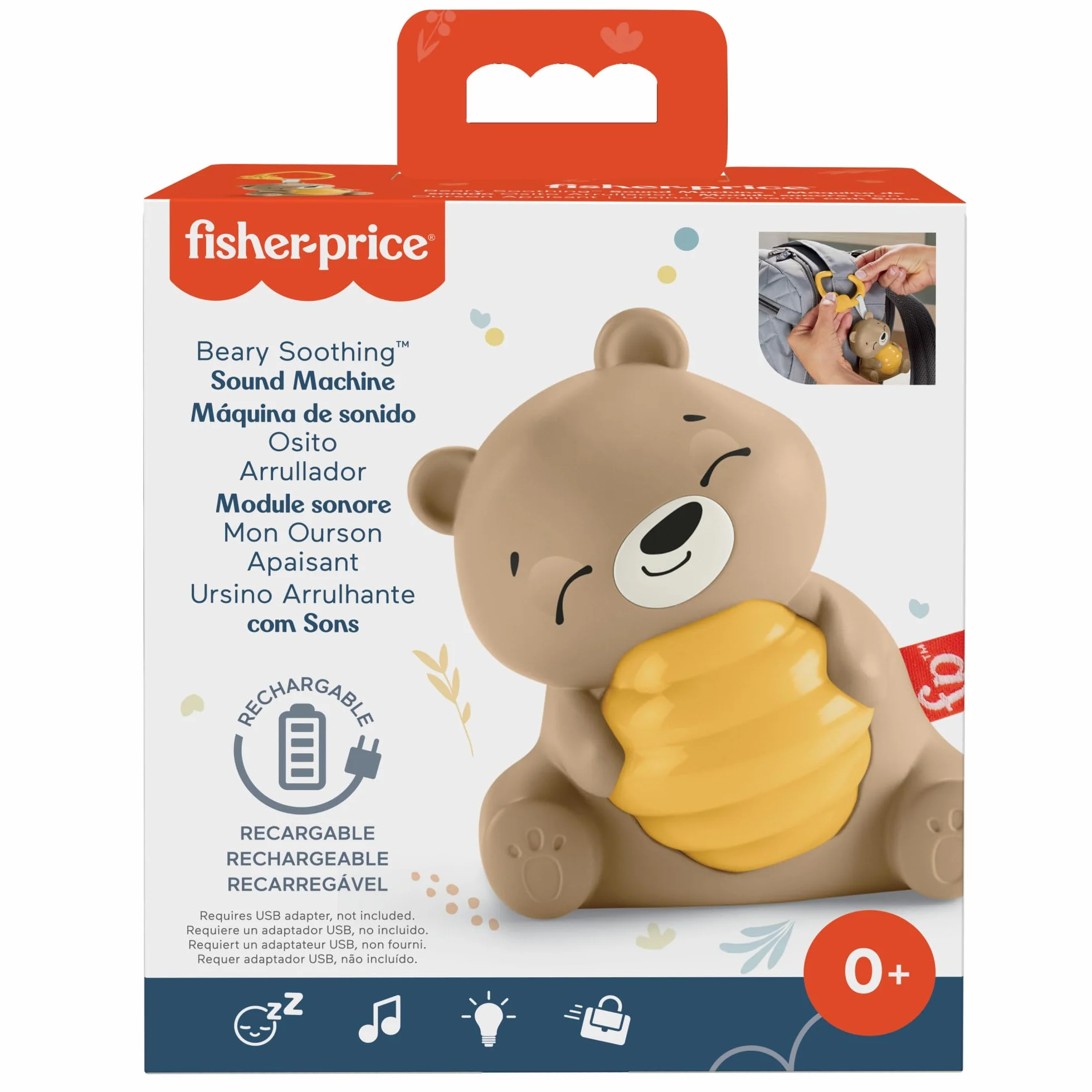 Fisher-Price Misiaczek Uspokajaczek Wyciszająca muzyka i światełko Uspokajacz z lampką nocną i dźwiękami do dostosowania dla noworodków i niemowląt, HRB18