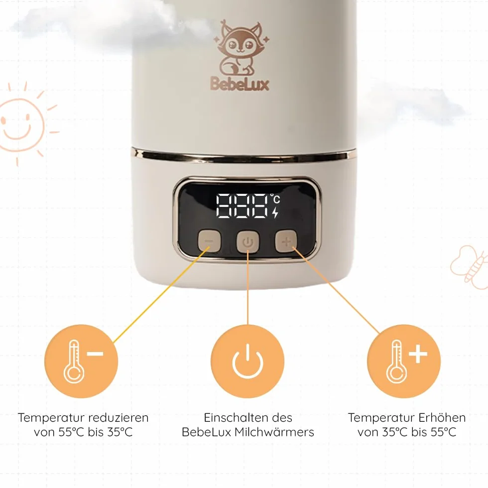 BEBELUX Elektryczny podgrzewacz do butelek dla niemowląt – elektryczny podgrzewacz mleka dla niemowląt w podróży | szybkie ładowanie 36 W USB-C | nie zawiera BPA | doskonała regulacja temperatury |