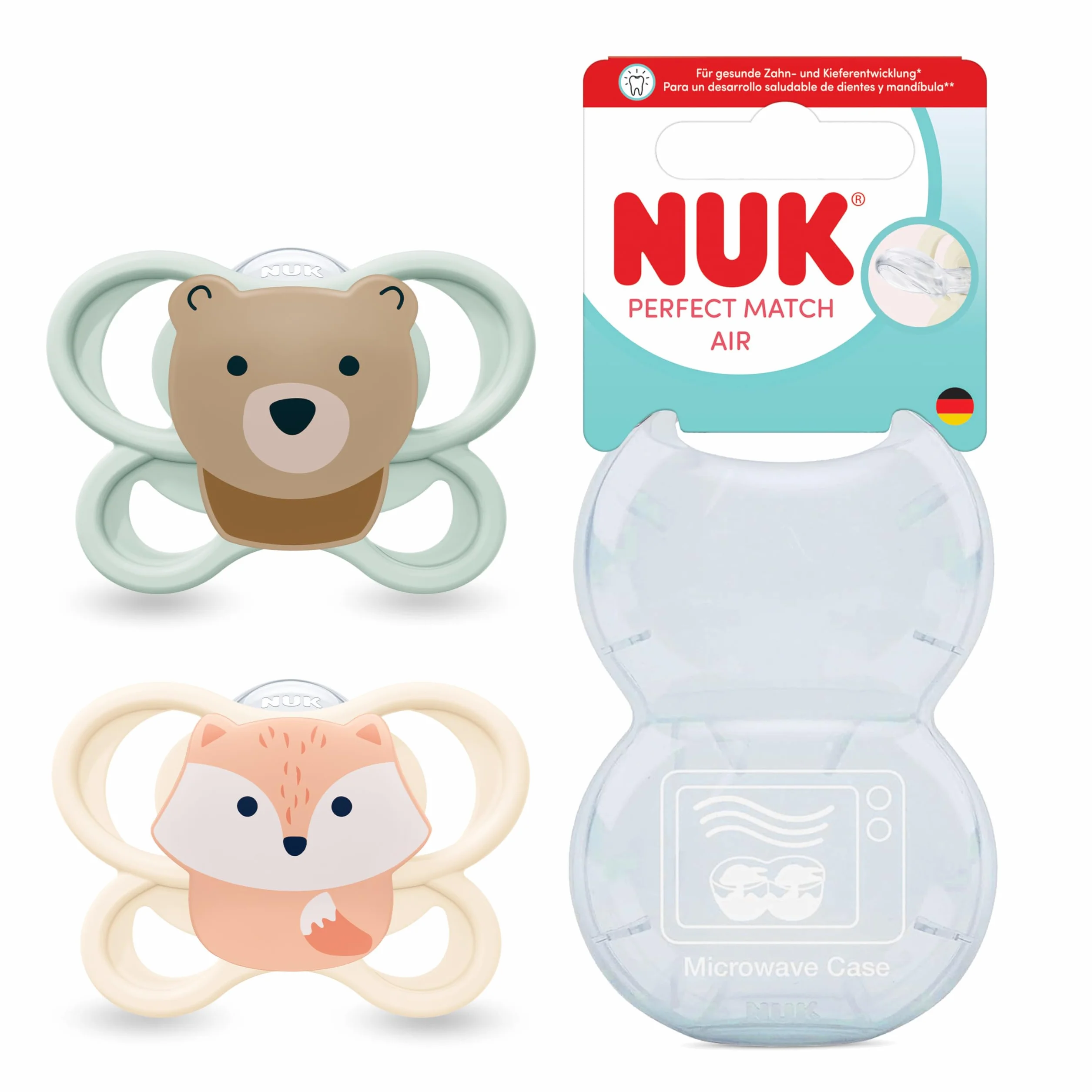 NUK Perfect Match Air Smoczki dla niemowlątwląt | 0-6 m | Ortodontyczne smoczki wspomagające przepływ powietrza i zapobiegające odparzeniom | 95% akceptacji przez niemowlęta** | Miś i Lis | 2 sztuki