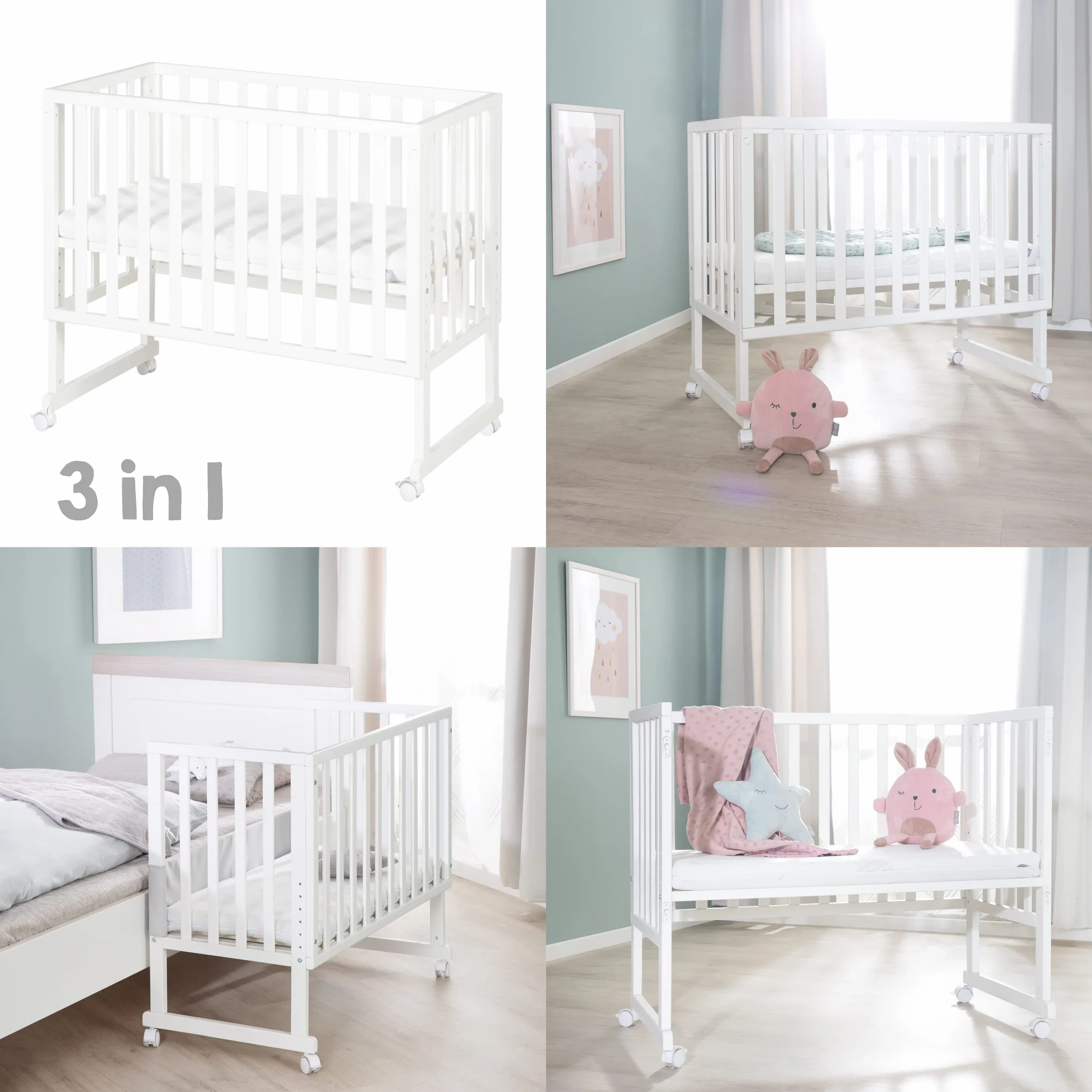 roba Łóżeczko pokojowe i przyścienna kołyska safe asleep 3 w 1-45 x 90 cm - Regulowana wysokość - Zestaw łóżeczka dla niemowląt - Drewno w kolorze białym